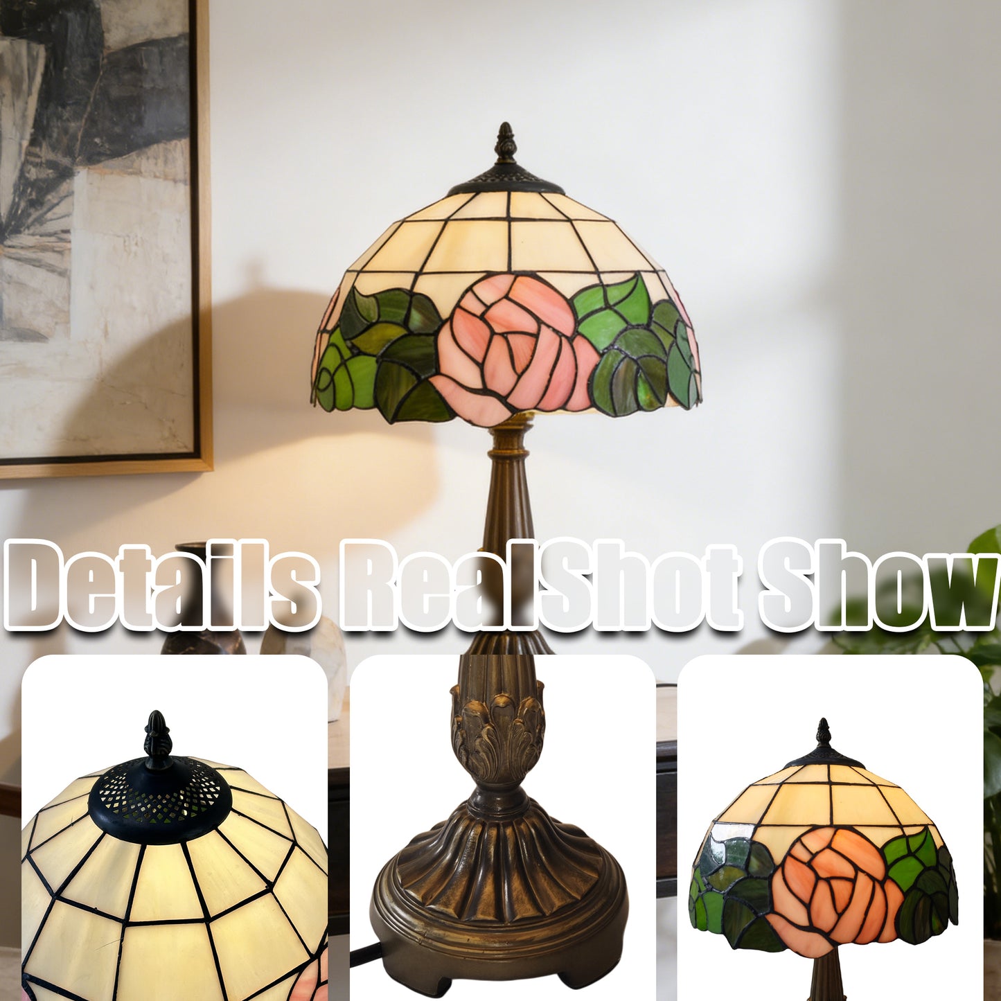 Vintage Tiffany Style Pink Rose Stained Glass Table Lamp - Bronze Carved Base Desk Lamp