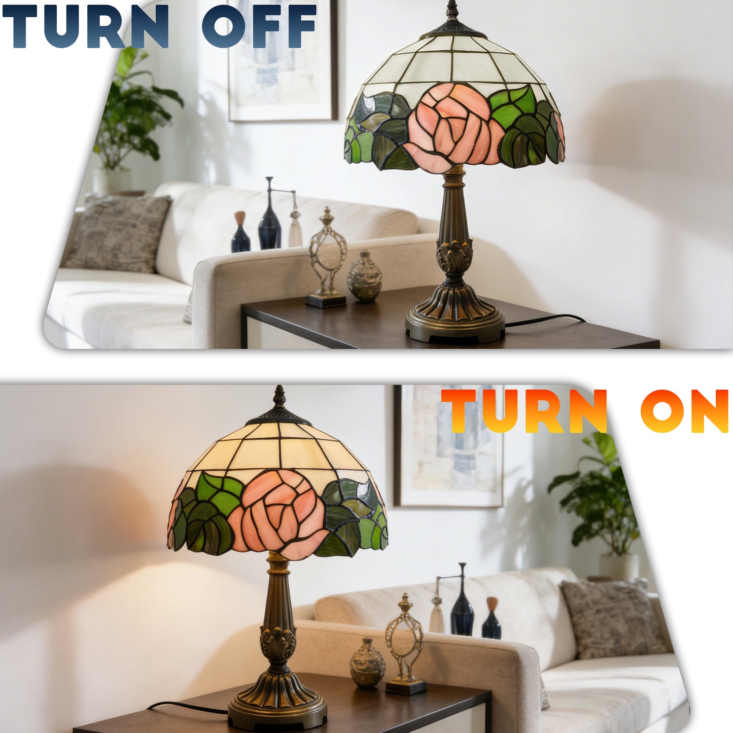 Vintage Tiffany Style Pink Rose Stained Glass Table Lamp - Bronze Carved Base Desk Lamp