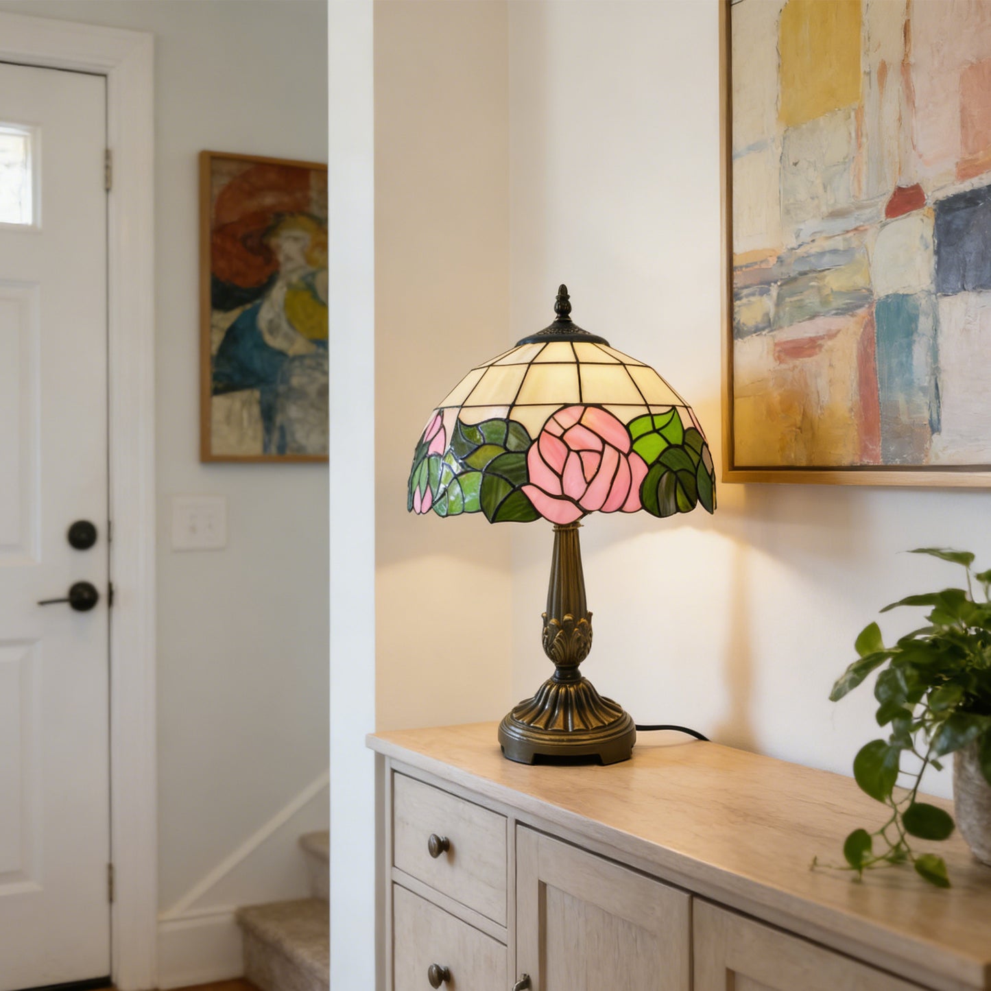 Vintage Tiffany Style Pink Rose Stained Glass Table Lamp - Bronze Carved Base Desk Lamp