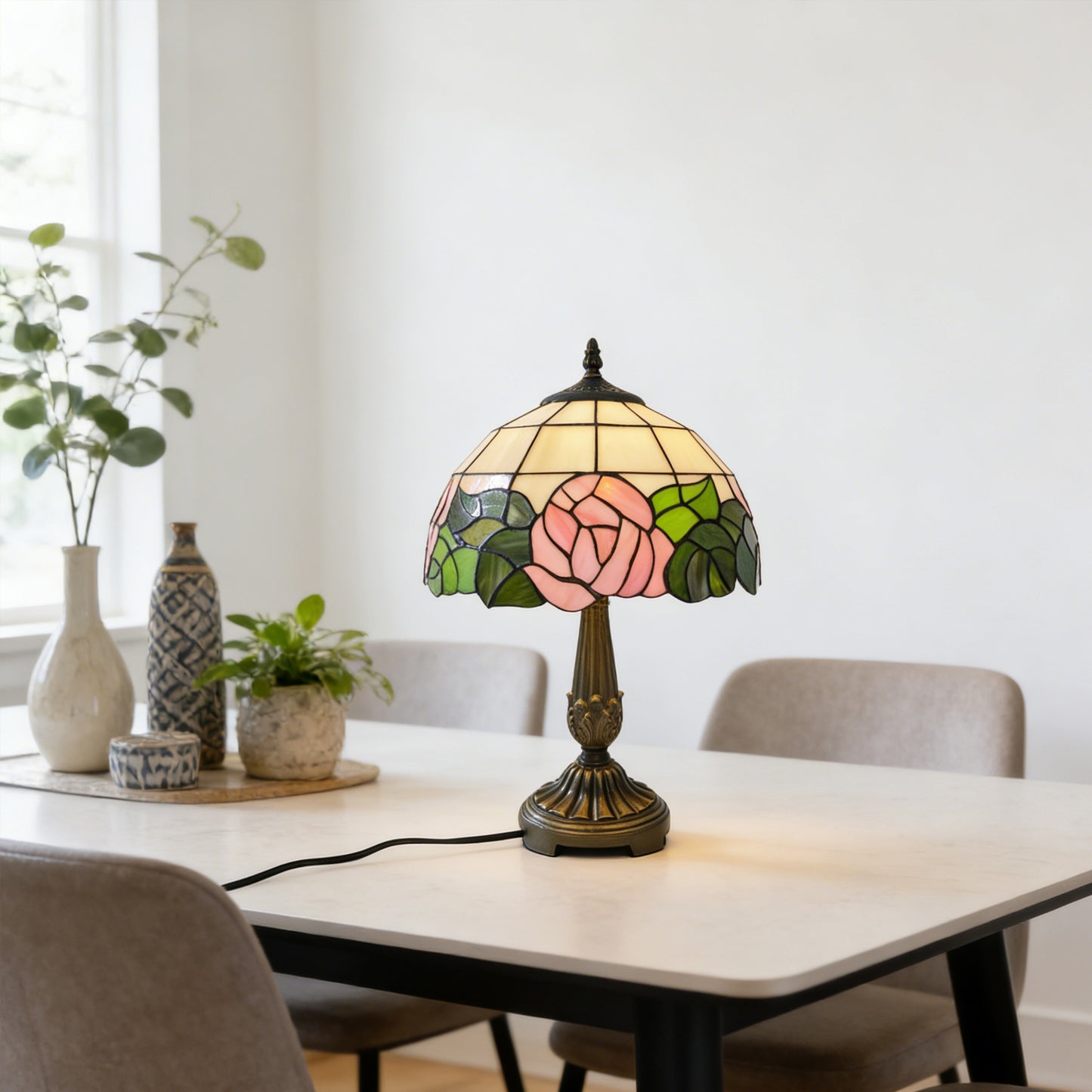 Vintage Tiffany Style Pink Rose Stained Glass Table Lamp - Bronze Carved Base Desk Lamp