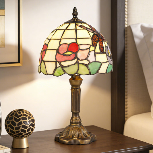 Vintage Tiffany Style Dragonfly & Floral Stained Glass Table Lamp - 7.9" Shade Bronze Carved Base Desk Lamp