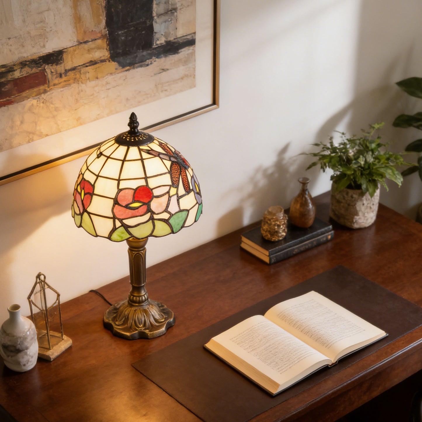Vintage Tiffany Style Dragonfly & Floral Stained Glass Table Lamp - 7.9" Shade Bronze Carved Base Desk Lamp