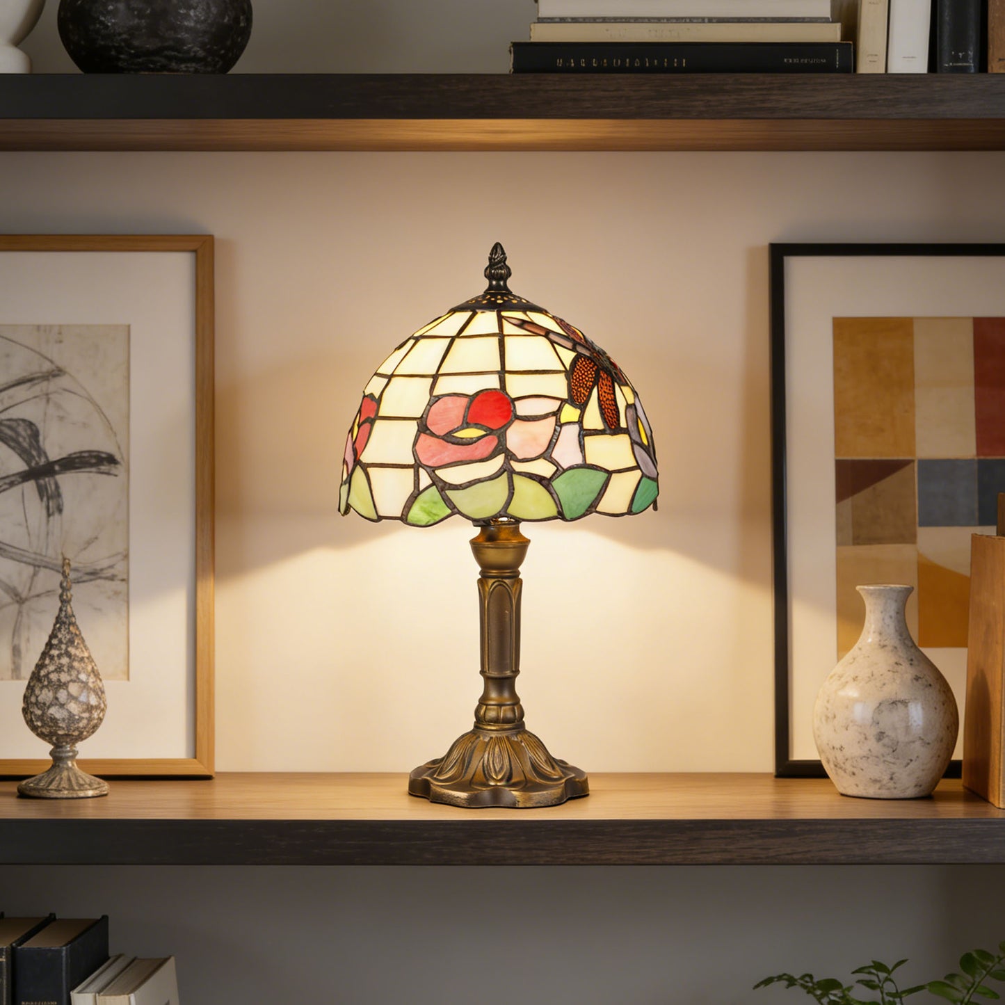 Vintage Tiffany Style Dragonfly & Floral Stained Glass Table Lamp - 7.9" Shade Bronze Carved Base Desk Lamp