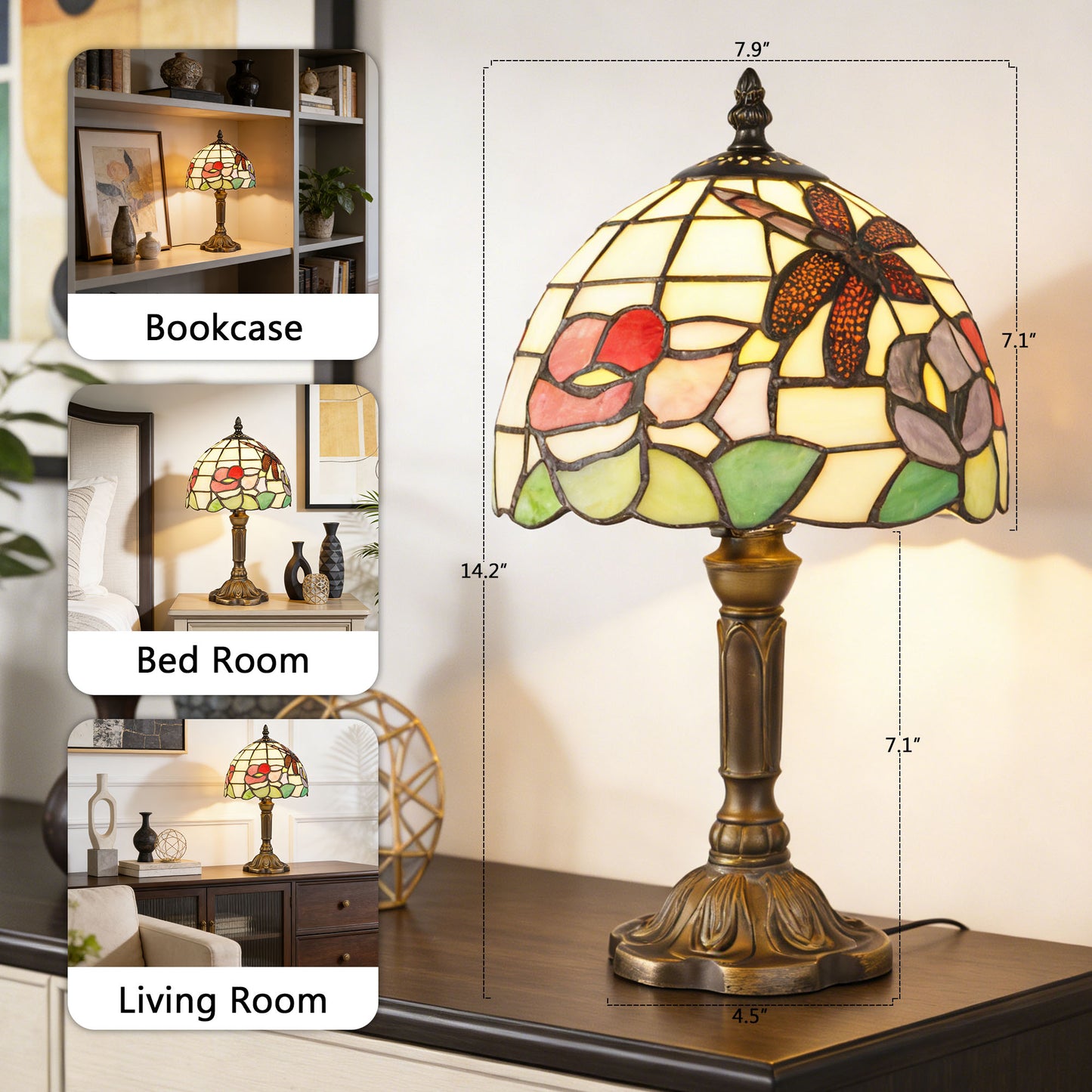 Vintage Tiffany Style Dragonfly & Floral Stained Glass Table Lamp - 7.9" Shade Bronze Carved Base Desk Lamp