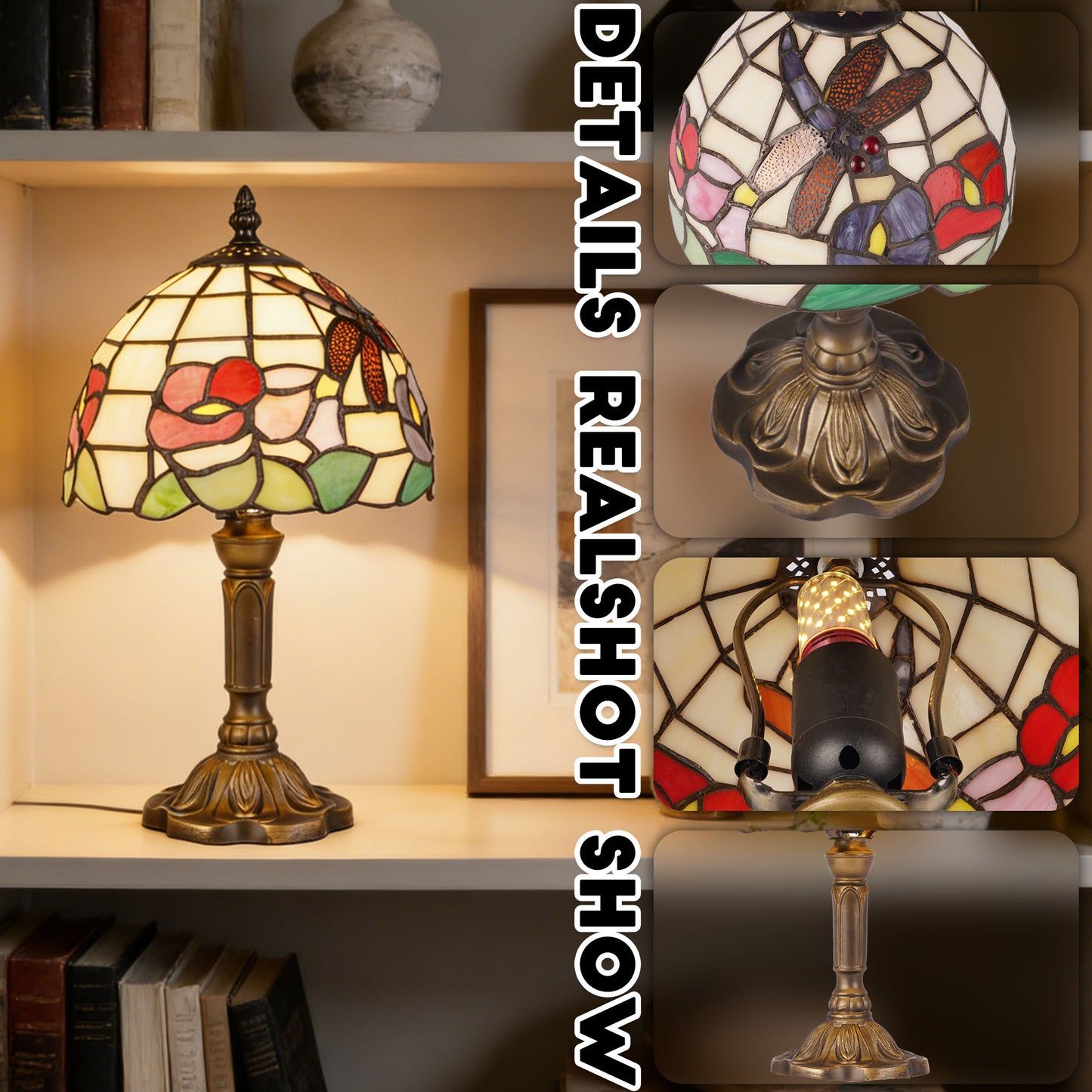 Vintage Tiffany Style Dragonfly & Floral Stained Glass Table Lamp - 7.9" Shade Bronze Carved Base Desk Lamp