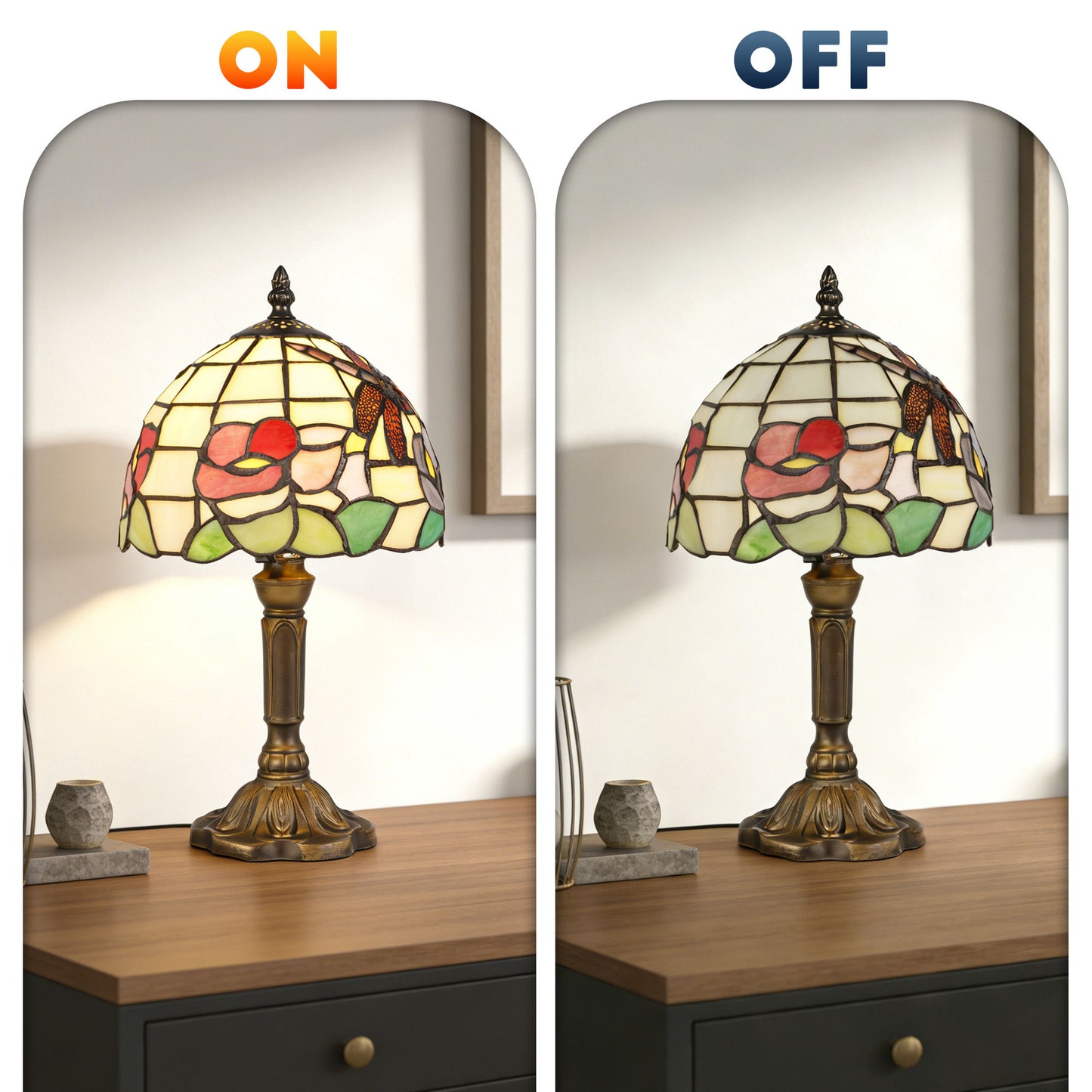 Vintage Tiffany Style Dragonfly & Floral Stained Glass Table Lamp - 7.9" Shade Bronze Carved Base Desk Lamp