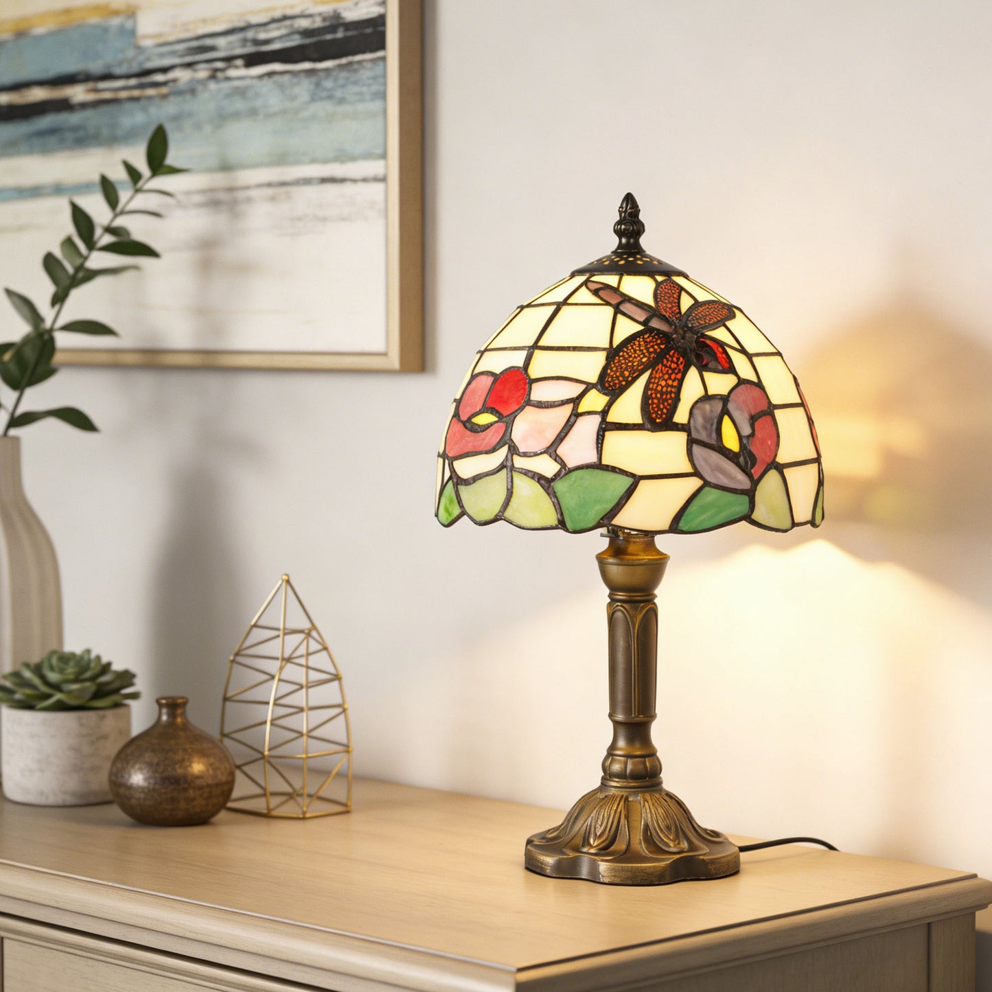 Vintage Tiffany Style Dragonfly & Floral Stained Glass Table Lamp - 7.9" Shade Bronze Carved Base Desk Lamp