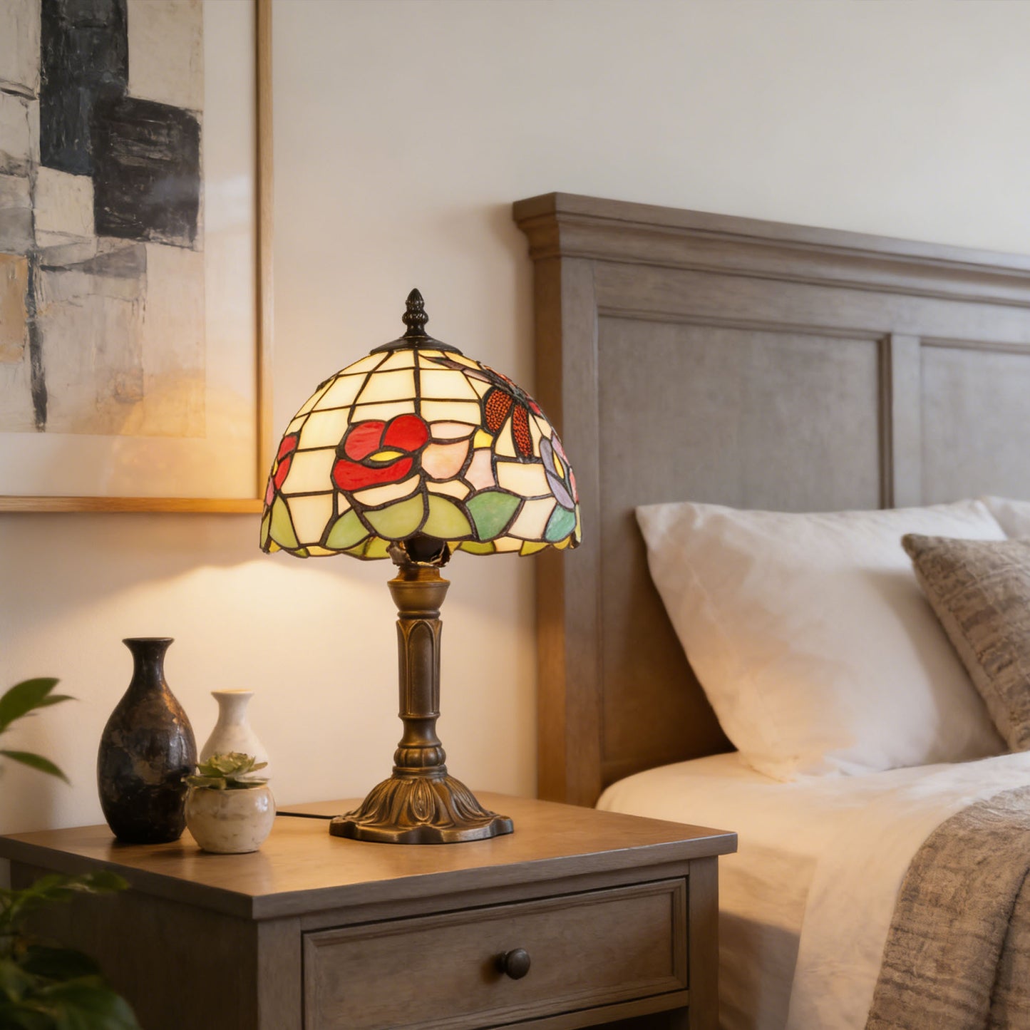 Vintage Tiffany Style Dragonfly & Floral Stained Glass Table Lamp - 7.9" Shade Bronze Carved Base Desk Lamp
