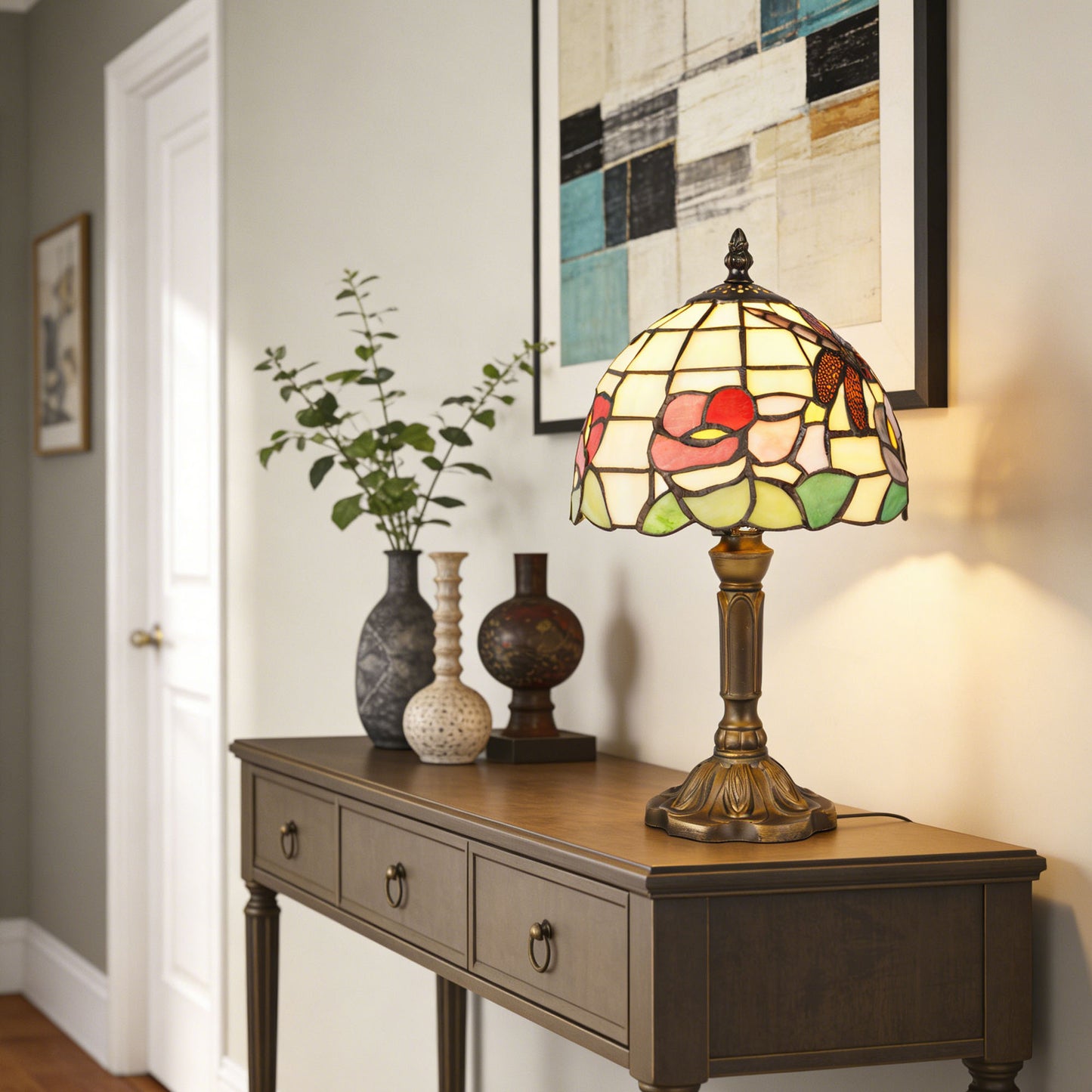 Vintage Tiffany Style Dragonfly & Floral Stained Glass Table Lamp - 7.9" Shade Bronze Carved Base Desk Lamp