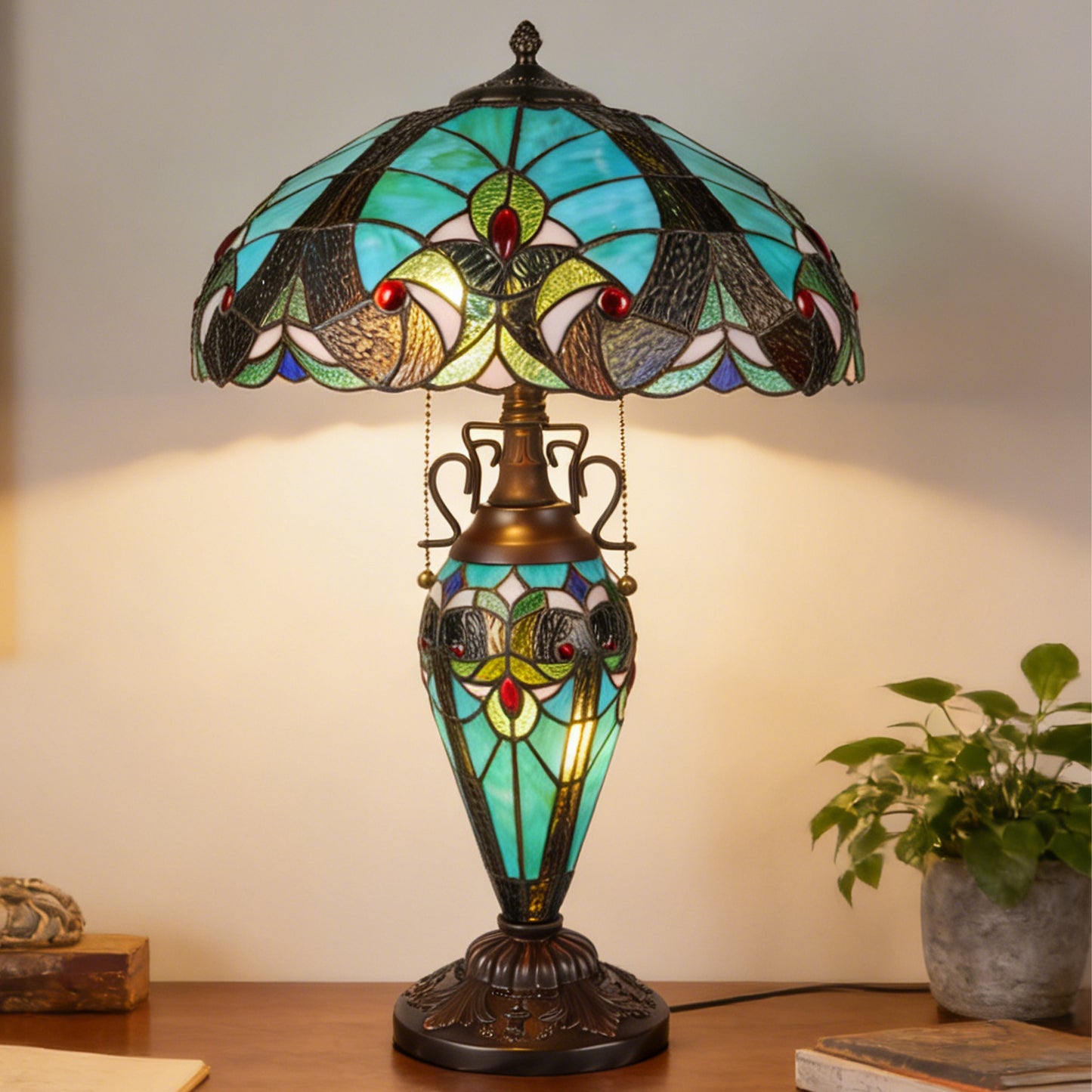 Vintage Tiffany Style Turquoise Stained Glass Table Lamp - 15.8" Dome Shade 2-Light Bronze Carved Base Desk Lamp