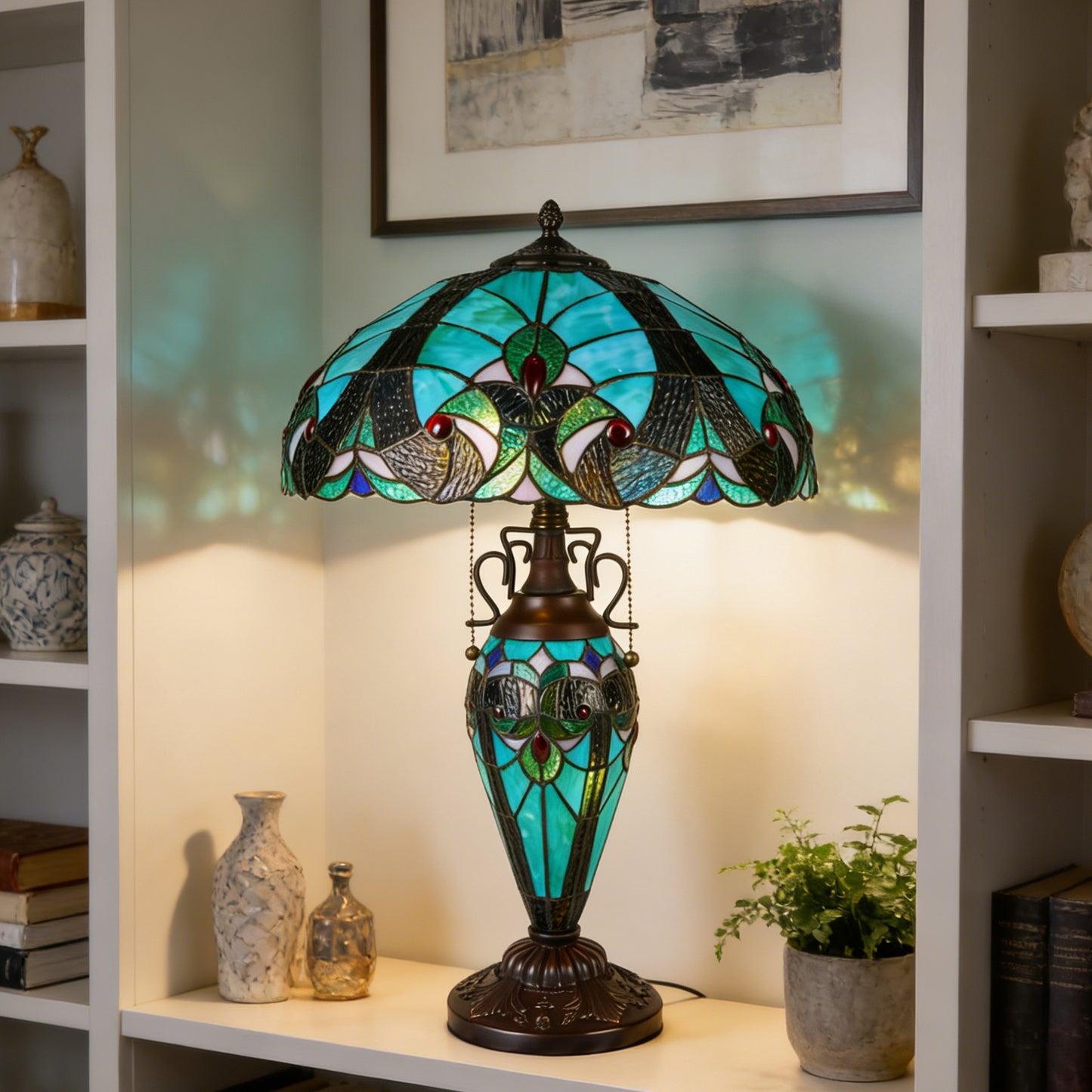 Vintage Tiffany Style Turquoise Stained Glass Table Lamp - 15.8" Dome Shade 2-Light Bronze Carved Base Desk Lamp