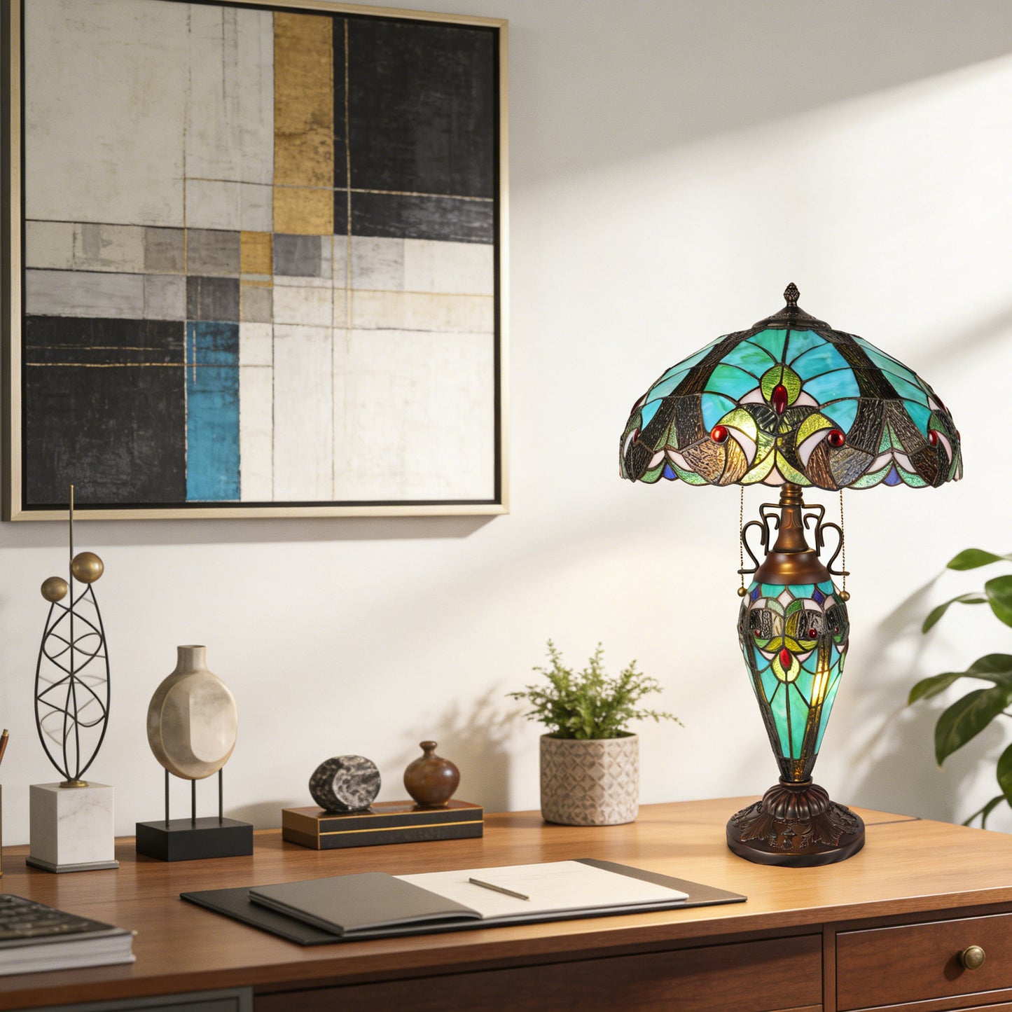 Vintage Tiffany Style Turquoise Stained Glass Table Lamp - 15.8" Dome Shade 2-Light Bronze Carved Base Desk Lamp