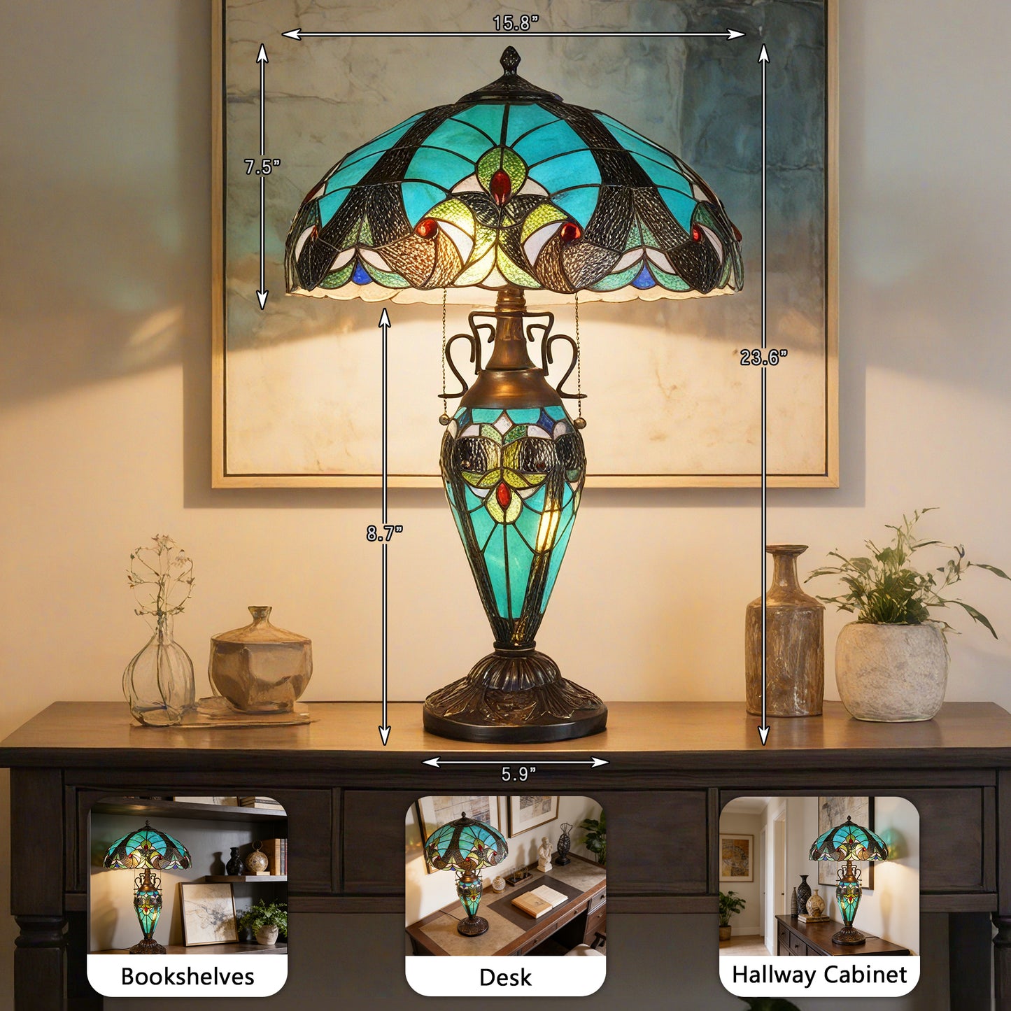 Vintage Tiffany Style Turquoise Stained Glass Table Lamp - 15.8" Dome Shade 2-Light Bronze Carved Base Desk Lamp