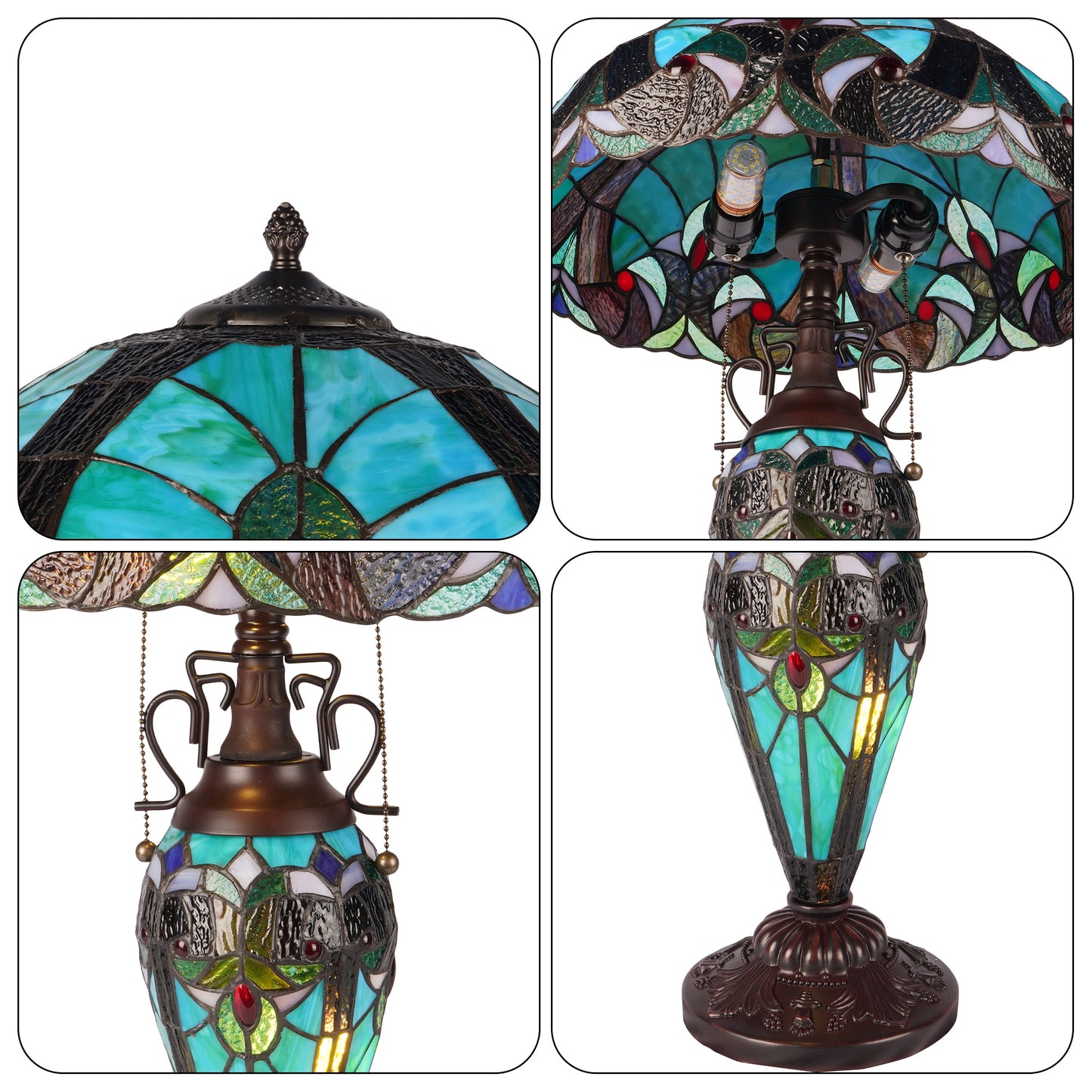 Vintage Tiffany Style Turquoise Stained Glass Table Lamp - 15.8" Dome Shade 2-Light Bronze Carved Base Desk Lamp