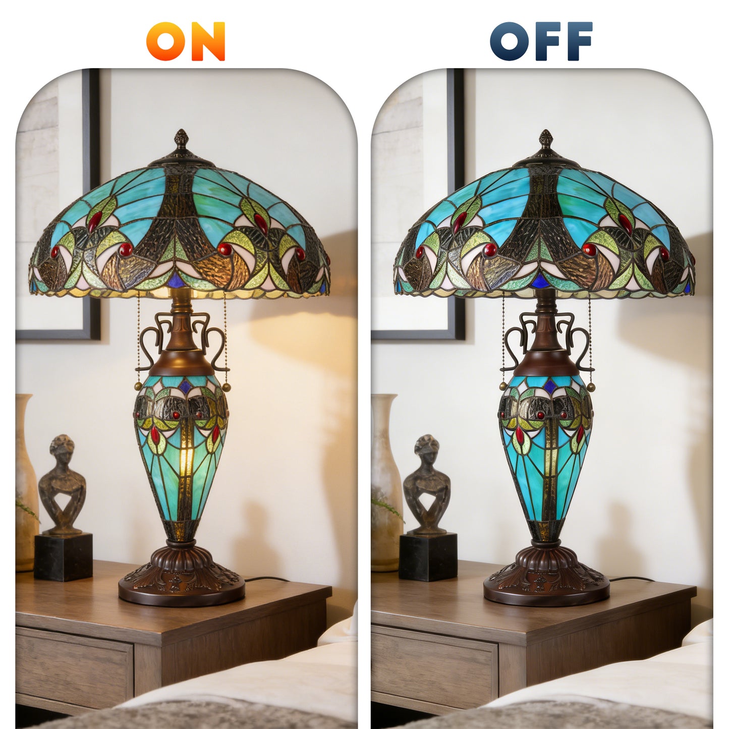 Vintage Tiffany Style Turquoise Stained Glass Table Lamp - 15.8" Dome Shade 2-Light Bronze Carved Base Desk Lamp