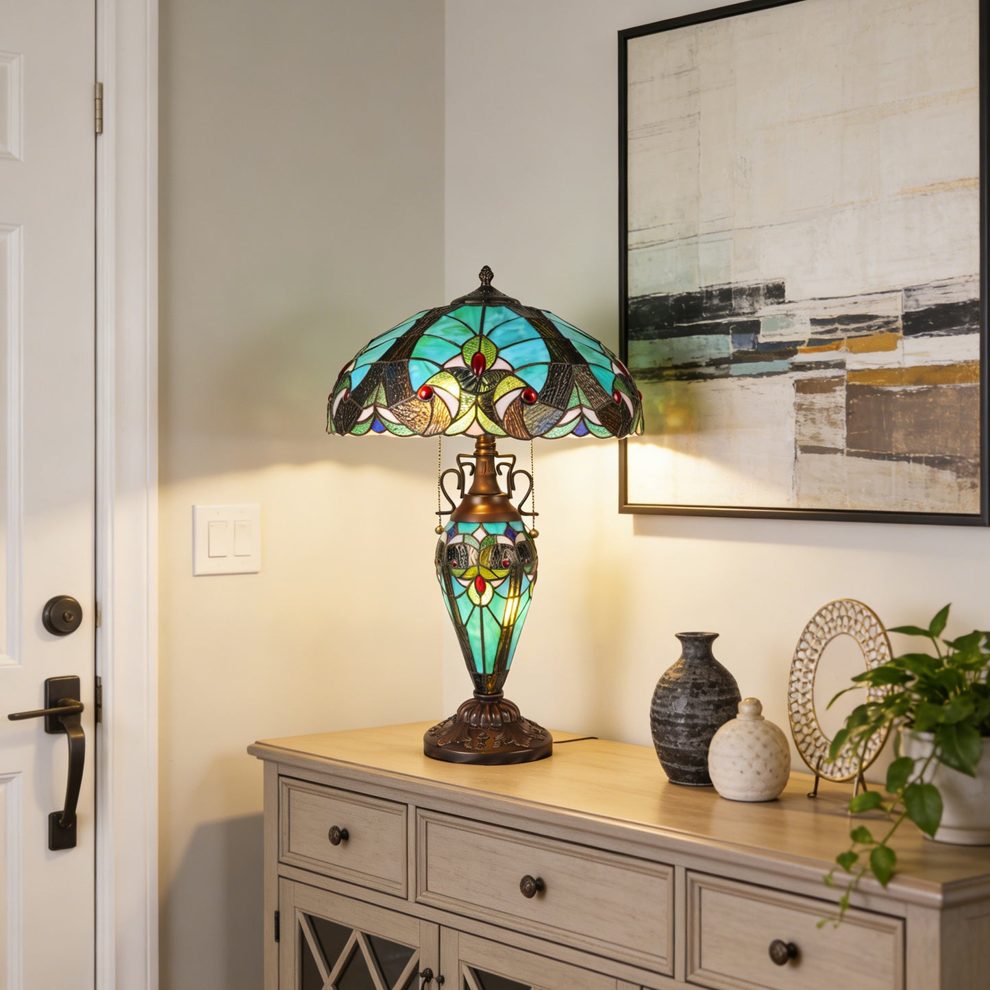 Vintage Tiffany Style Turquoise Stained Glass Table Lamp - 15.8" Dome Shade 2-Light Bronze Carved Base Desk Lamp