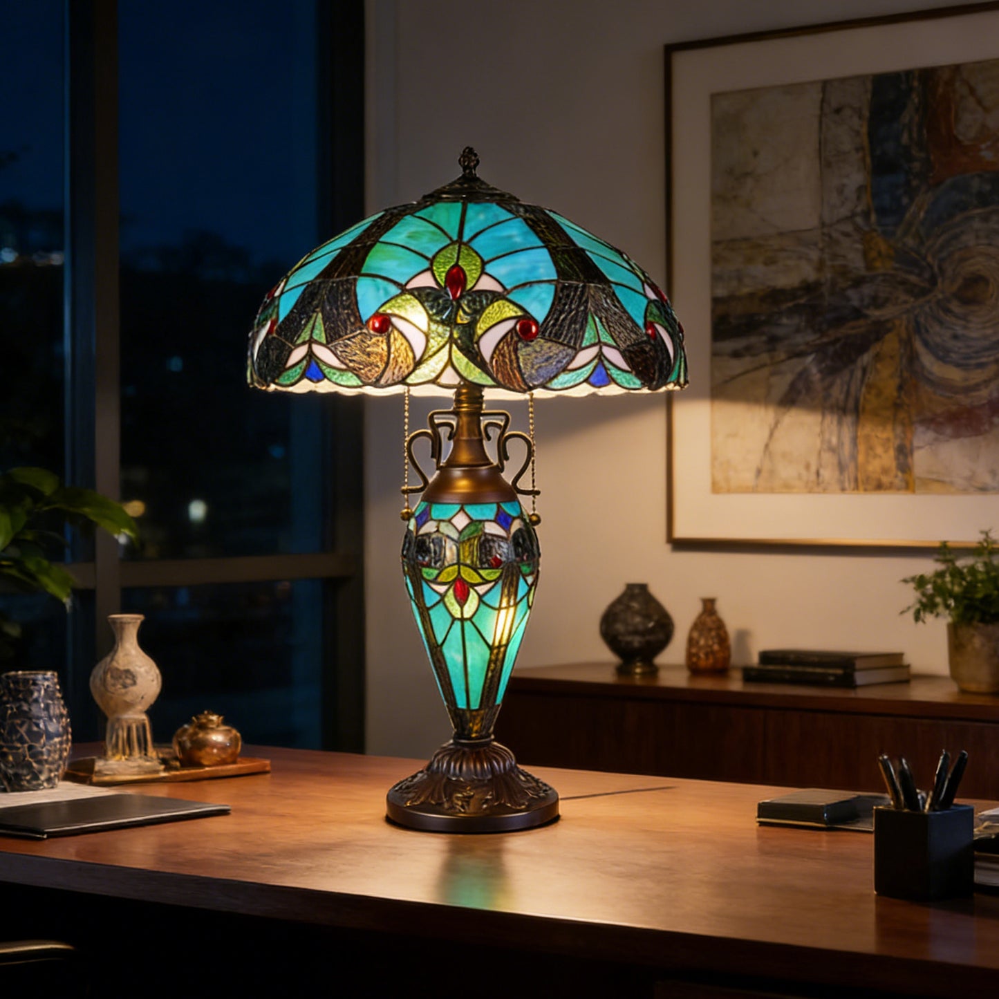 Vintage Tiffany Style Turquoise Stained Glass Table Lamp - 15.8" Dome Shade 2-Light Bronze Carved Base Desk Lamp