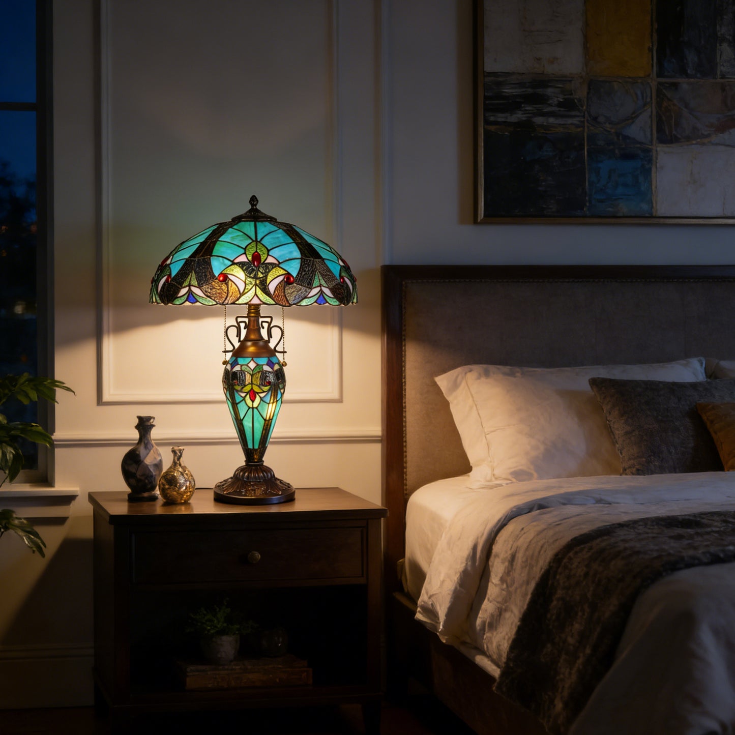 Vintage Tiffany Style Turquoise Stained Glass Table Lamp - 15.8" Dome Shade 2-Light Bronze Carved Base Desk Lamp