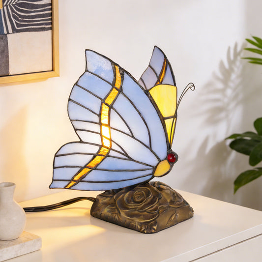 Vintage Tiffany Style Butterfly Stained Glass Table Lamp - 7.5" Blue/Purple Shade Bronze Rose Carved Base Night Light