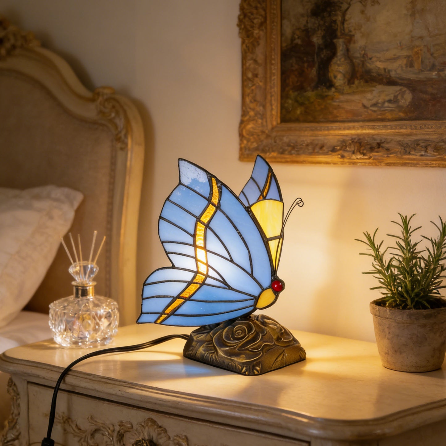 Vintage Tiffany Style Butterfly Stained Glass Table Lamp - 7.5" Blue/Purple Shade Bronze Rose Carved Base Night Light