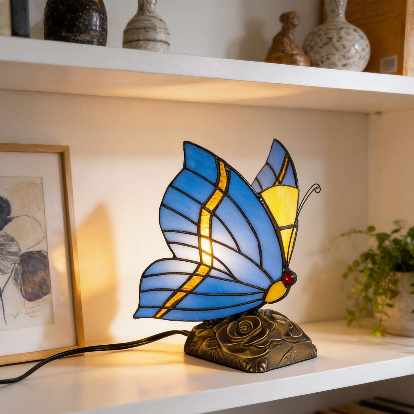 Vintage Tiffany Style Butterfly Stained Glass Table Lamp - 7.5" Blue/Purple Shade Bronze Rose Carved Base Night Light