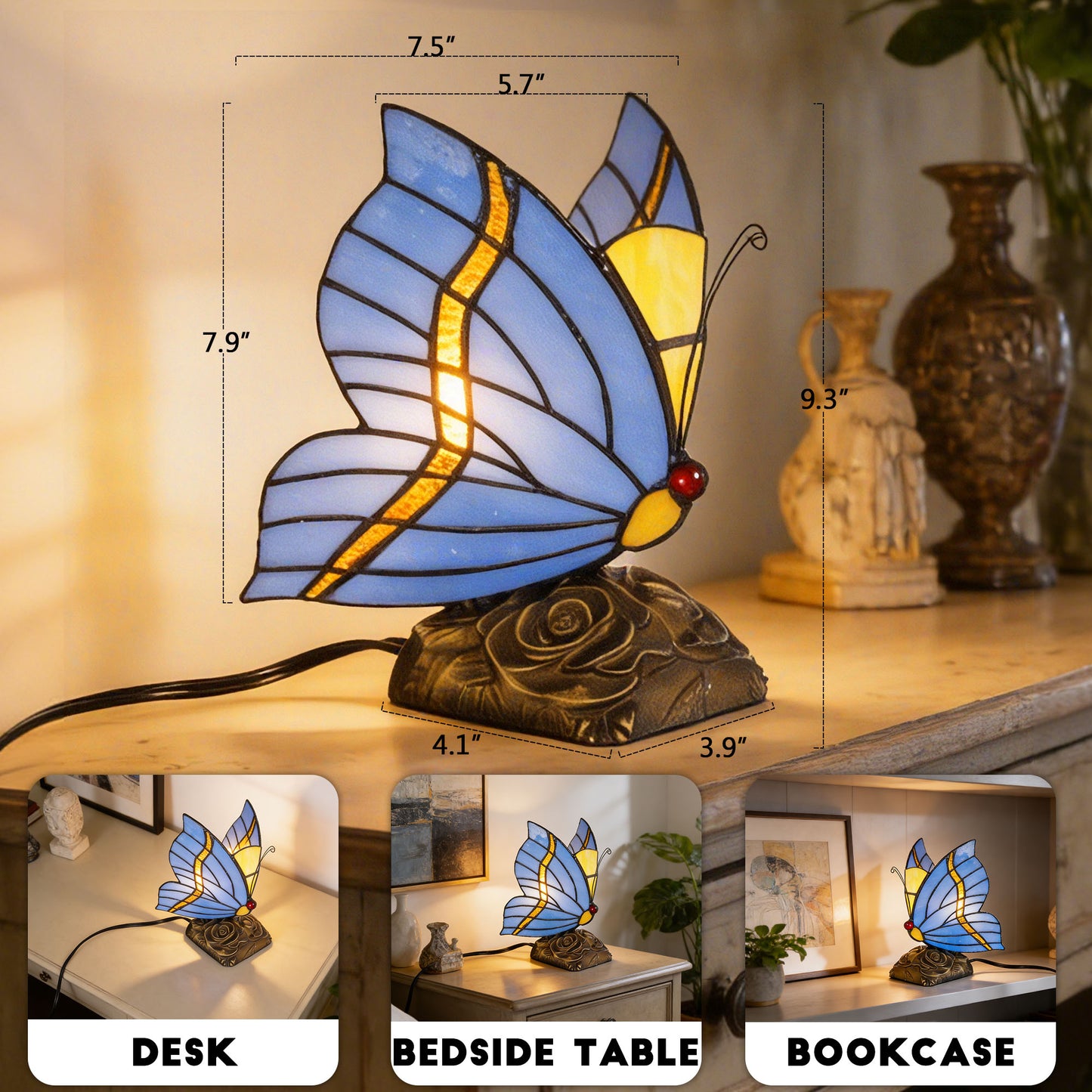 Vintage Tiffany Style Butterfly Stained Glass Table Lamp - 7.5" Blue/Purple Shade Bronze Rose Carved Base Night Light
