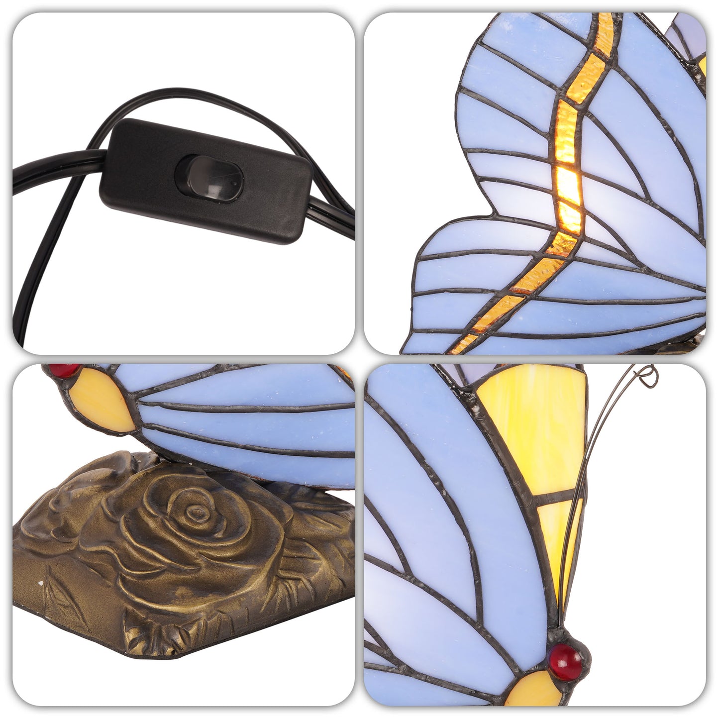 Vintage Tiffany Style Butterfly Stained Glass Table Lamp - 7.5" Blue/Purple Shade Bronze Rose Carved Base Night Light