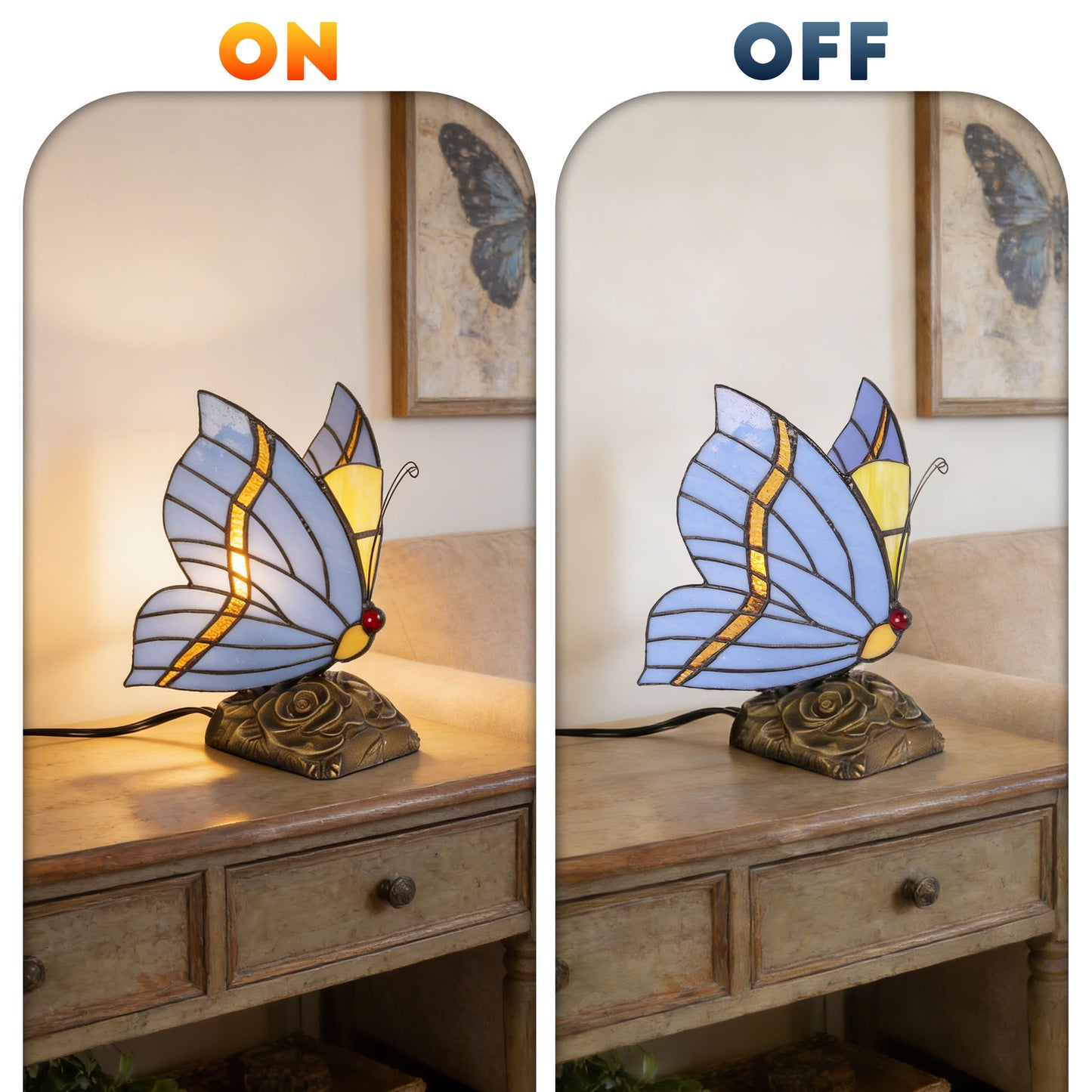 Vintage Tiffany Style Butterfly Stained Glass Table Lamp - 7.5" Blue/Purple Shade Bronze Rose Carved Base Night Light