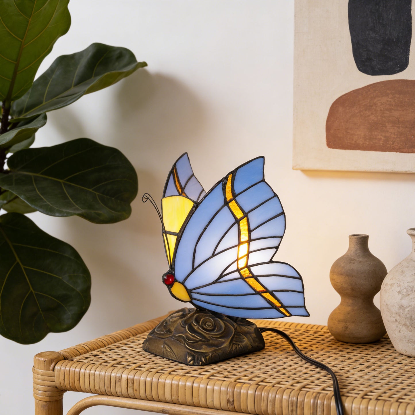 Vintage Tiffany Style Butterfly Stained Glass Table Lamp - 7.5" Blue/Purple Shade Bronze Rose Carved Base Night Light