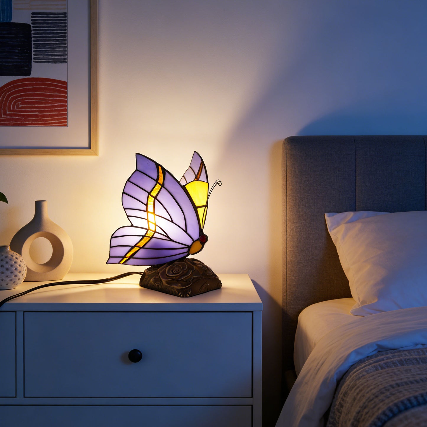 Vintage Tiffany Style Butterfly Stained Glass Table Lamp - 7.5" Blue/Purple Shade Bronze Rose Carved Base Night Light
