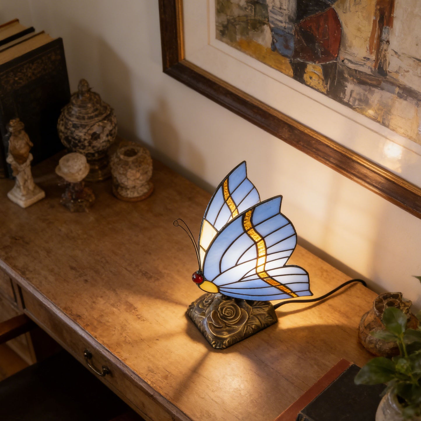 Vintage Tiffany Style Butterfly Stained Glass Table Lamp - 7.5" Blue/Purple Shade Bronze Rose Carved Base Night Light