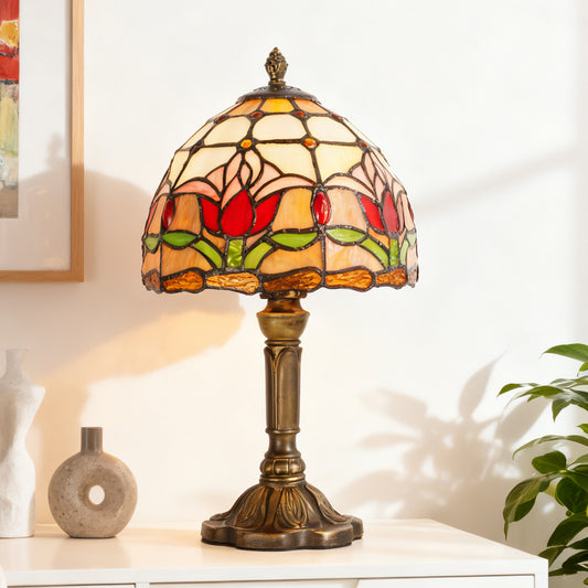 Vintage Tiffany Style Tulip Stained Glass Table Lamp - 7.9" Dome Shade Bronze Resin Base Desk Lamp