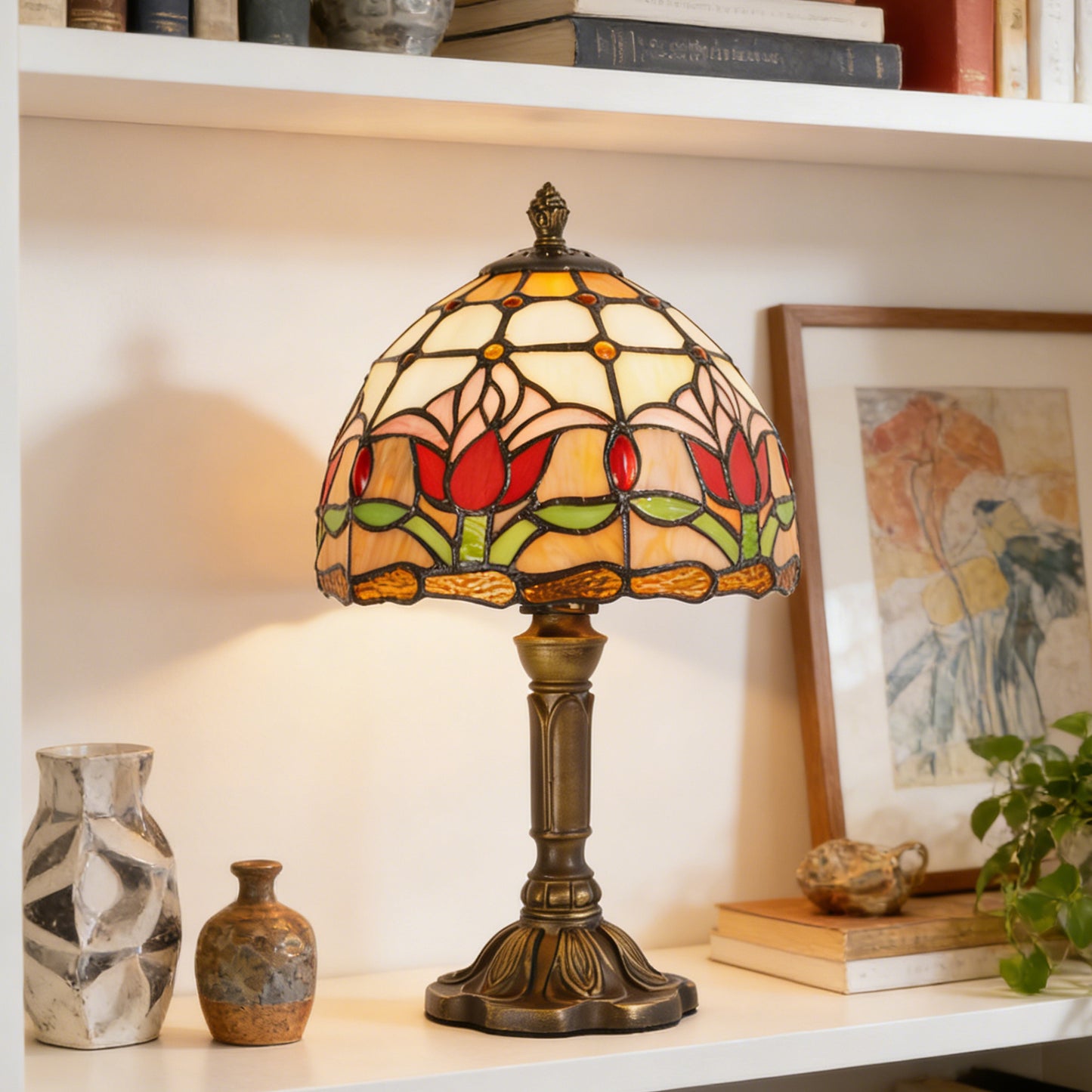 Vintage Tiffany Style Tulip Stained Glass Table Lamp - 7.9" Dome Shade Bronze Resin Base Desk Lamp