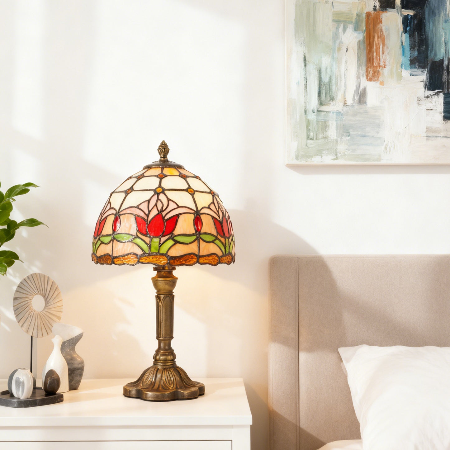 Vintage Tiffany Style Tulip Stained Glass Table Lamp - 7.9" Dome Shade Bronze Resin Base Desk Lamp
