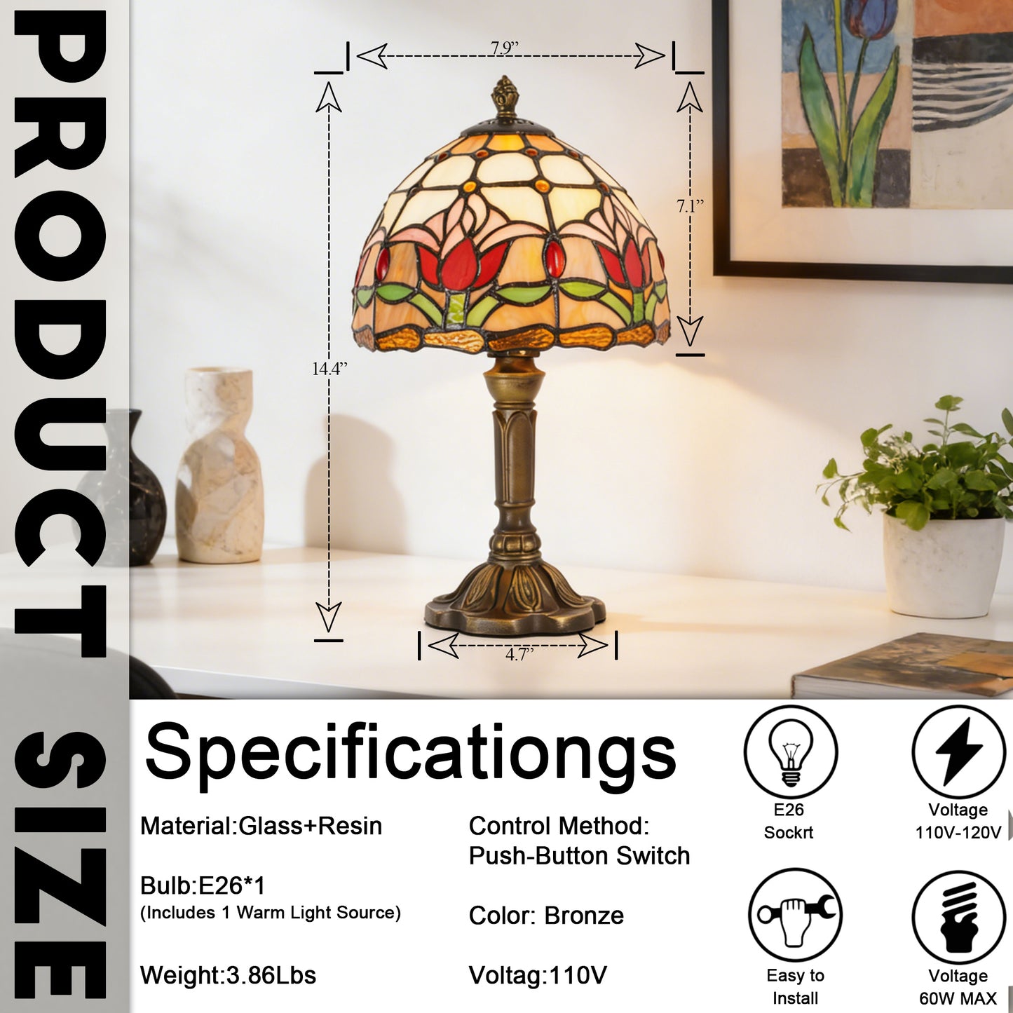 Vintage Tiffany Style Tulip Stained Glass Table Lamp - 7.9" Dome Shade Bronze Resin Base Desk Lamp