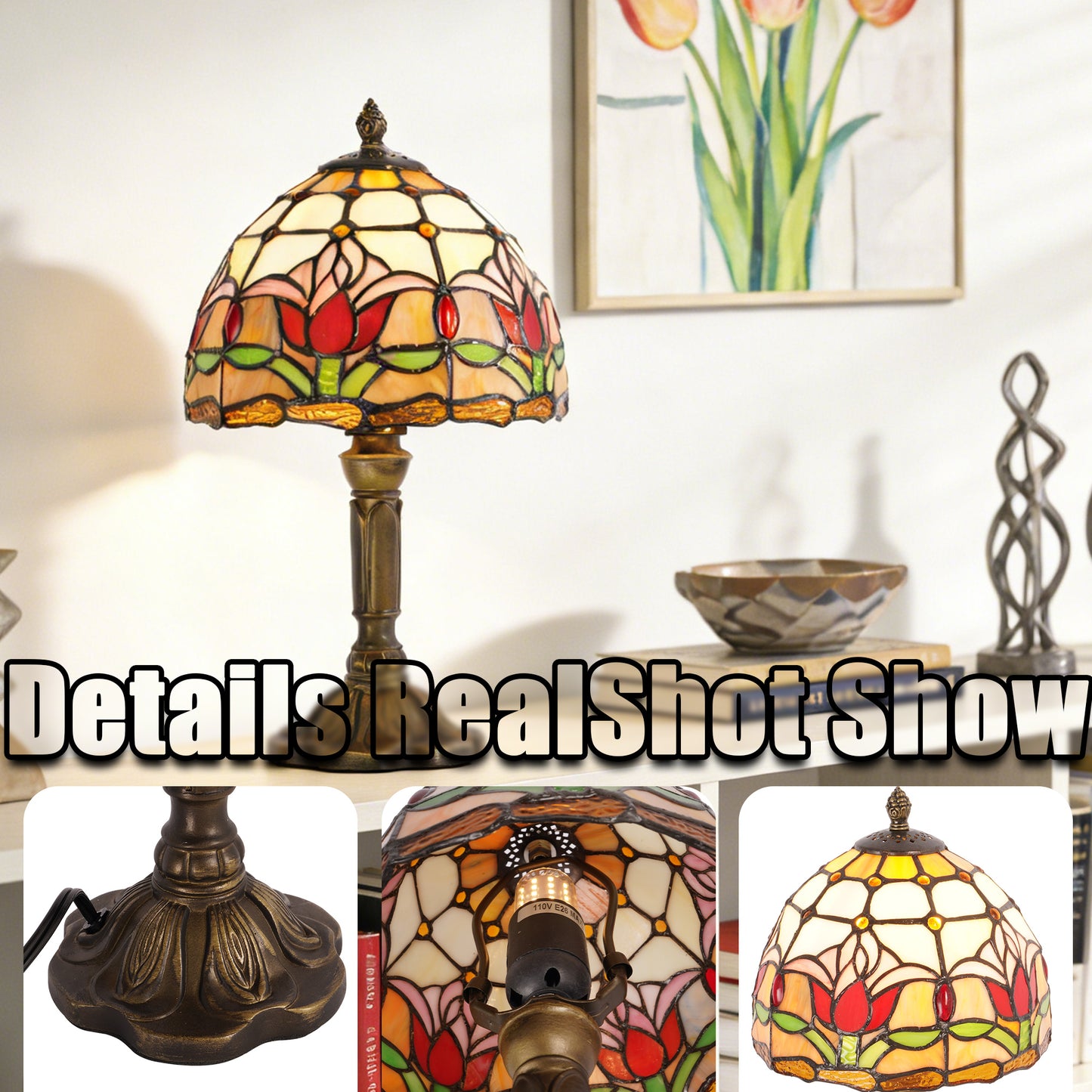 Vintage Tiffany Style Tulip Stained Glass Table Lamp - 7.9" Dome Shade Bronze Resin Base Desk Lamp