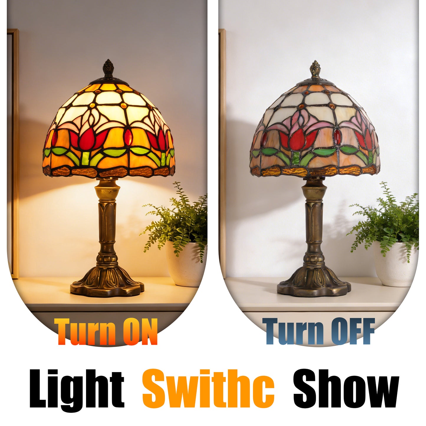 Vintage Tiffany Style Tulip Stained Glass Table Lamp - 7.9" Dome Shade Bronze Resin Base Desk Lamp