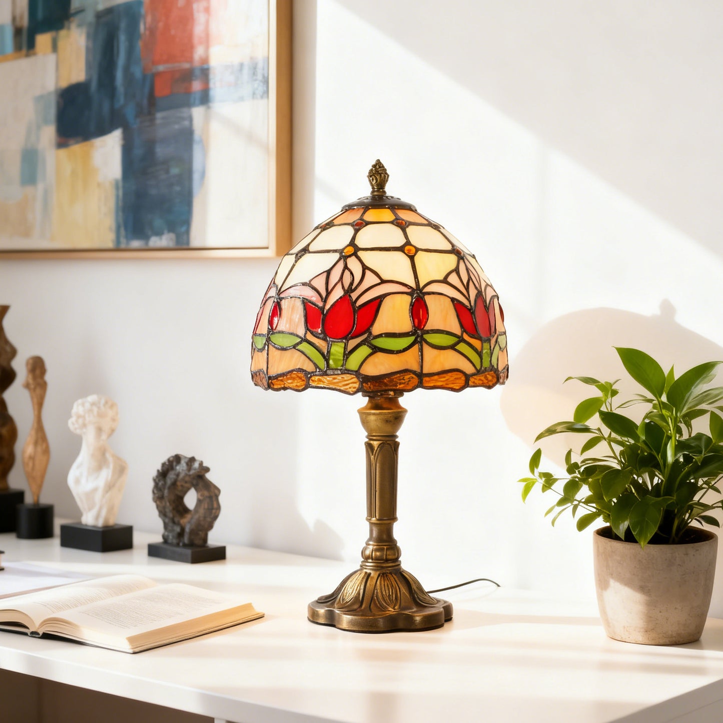 Vintage Tiffany Style Tulip Stained Glass Table Lamp - 7.9" Dome Shade Bronze Resin Base Desk Lamp