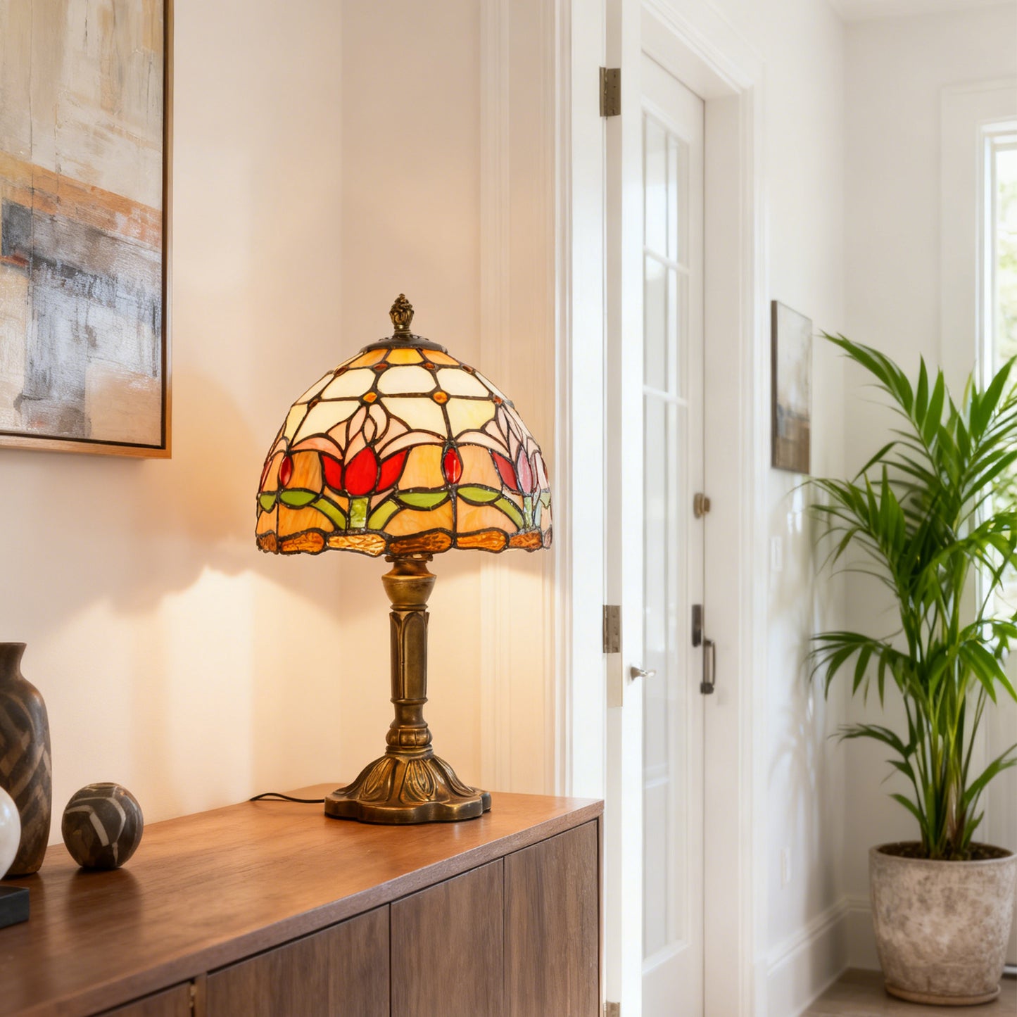 Vintage Tiffany Style Tulip Stained Glass Table Lamp - 7.9" Dome Shade Bronze Resin Base Desk Lamp