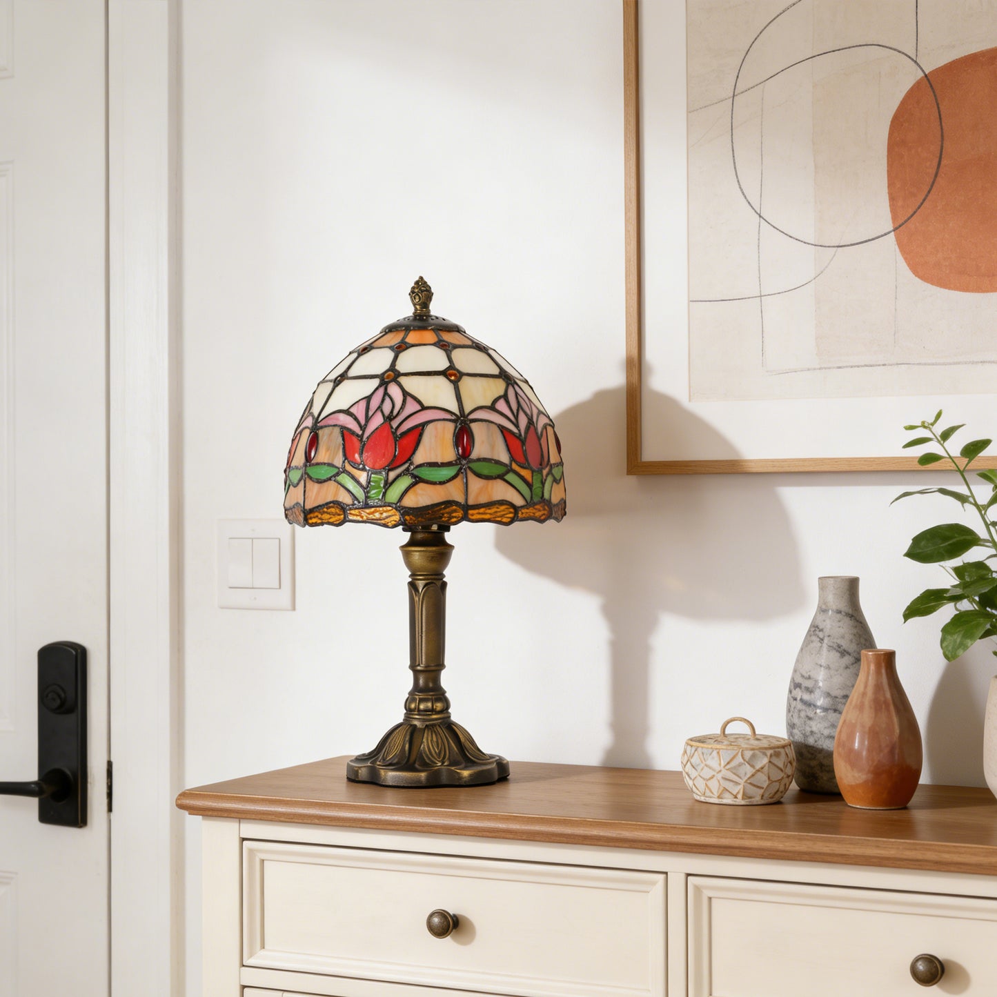 Vintage Tiffany Style Tulip Stained Glass Table Lamp - 7.9" Dome Shade Bronze Resin Base Desk Lamp