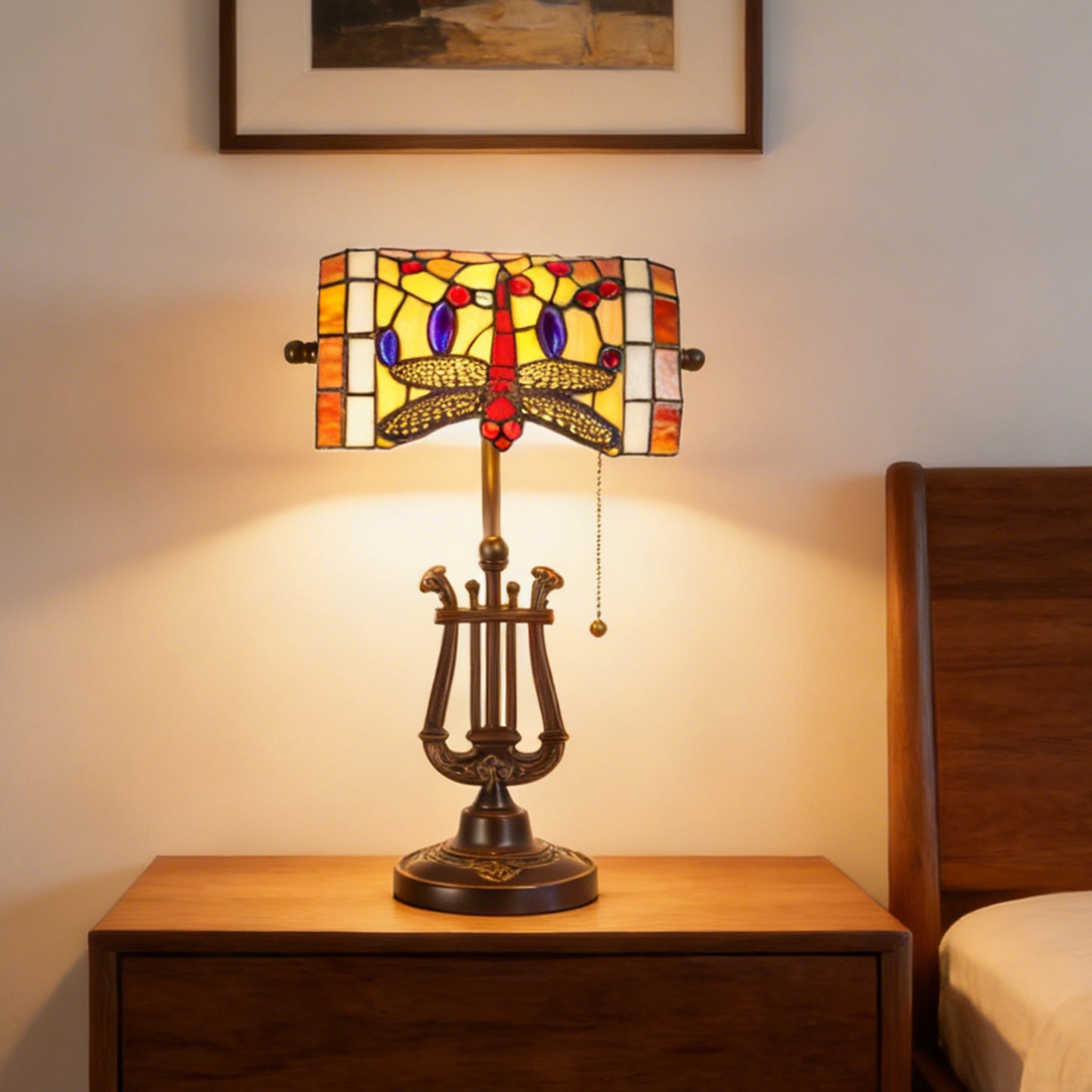 Vintage Tiffany Style Dragonfly Stained Glass Table Lamp - 7.9" Banker Shade Antique Bronze Lyre Base Desk Lap