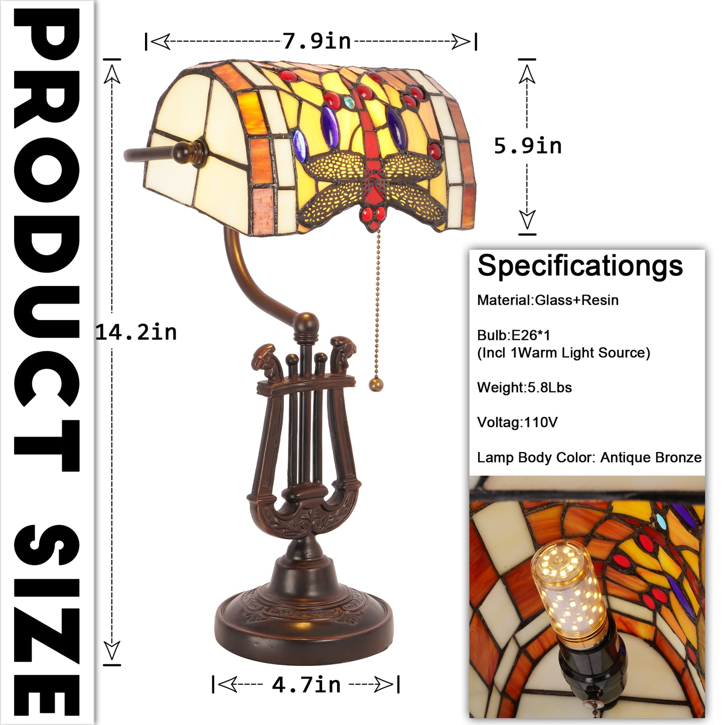 Vintage Tiffany Style Dragonfly Stained Glass Table Lamp - 7.9" Banker Shade Antique Bronze Lyre Base Desk Lap