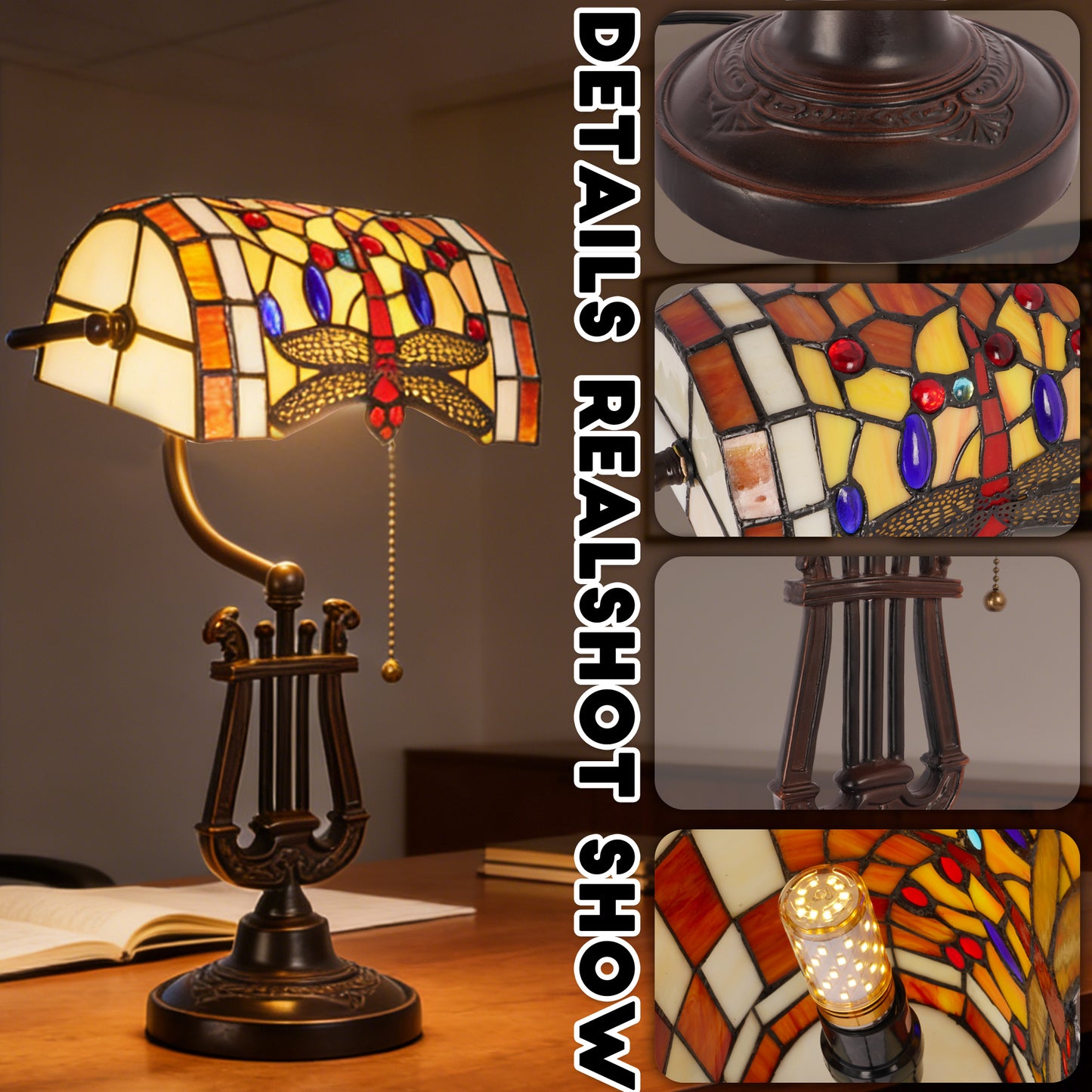 Vintage Tiffany Style Dragonfly Stained Glass Table Lamp - 7.9" Banker Shade Antique Bronze Lyre Base Desk Lap