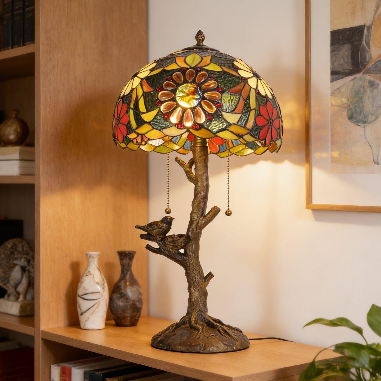Vintage Tiffany Style Tree & Bird Floral Stained Glass Table Lamp - 11.8" Dome Shade Antique Bronze Tree Base 2-Light Desk Lamp