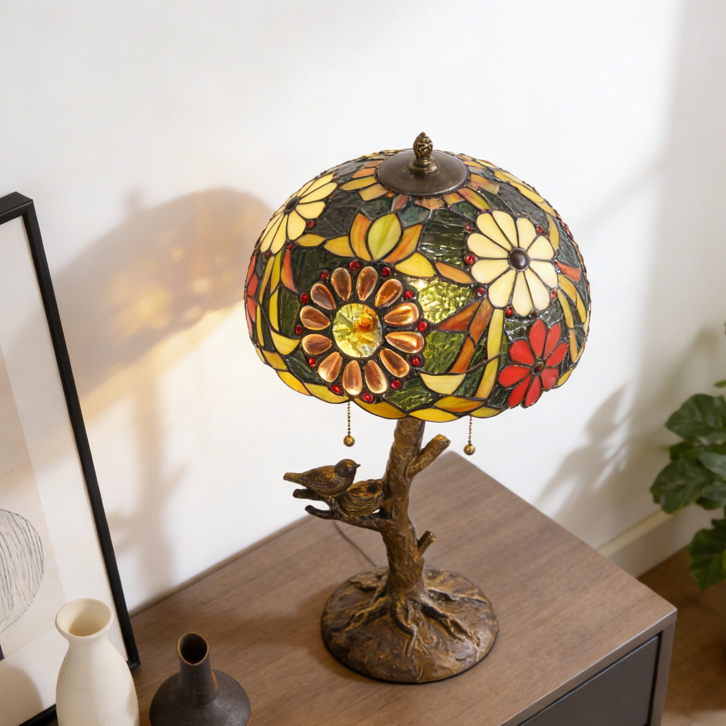Vintage Tiffany Style Tree & Bird Floral Stained Glass Table Lamp - 11.8" Dome Shade Antique Bronze Tree Base 2-Light Desk Lamp