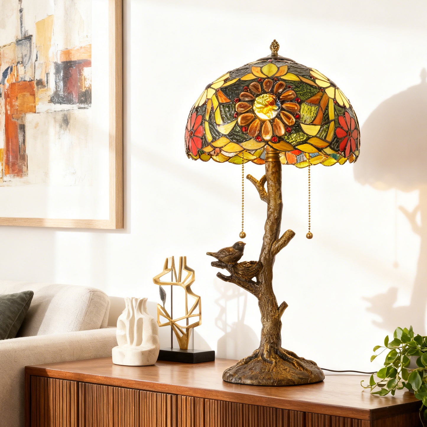 Vintage Tiffany Style Tree & Bird Floral Stained Glass Table Lamp - 11.8" Dome Shade Antique Bronze Tree Base 2-Light Desk Lamp