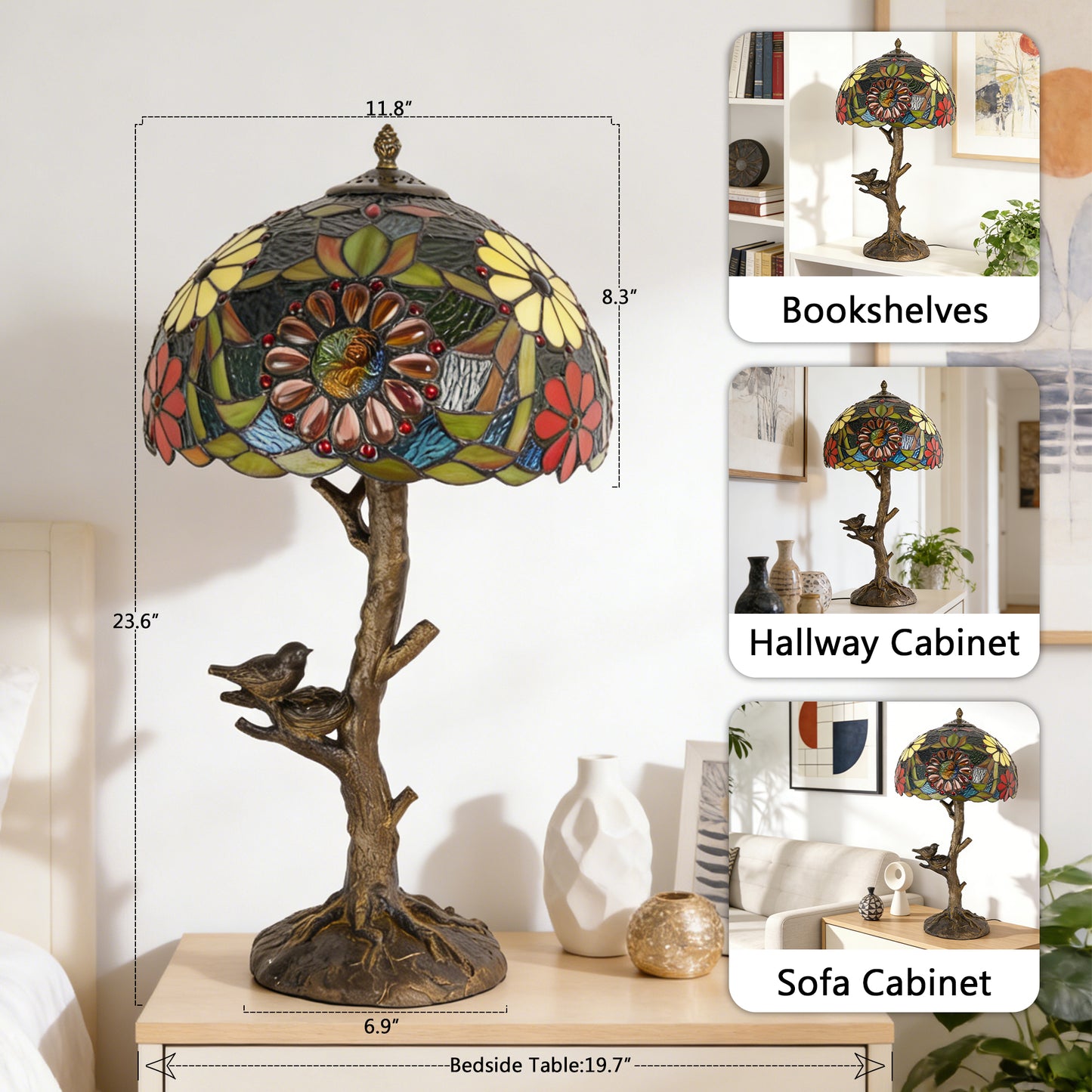 Vintage Tiffany Style Tree & Bird Floral Stained Glass Table Lamp - 11.8" Dome Shade Antique Bronze Tree Base 2-Light Desk Lamp