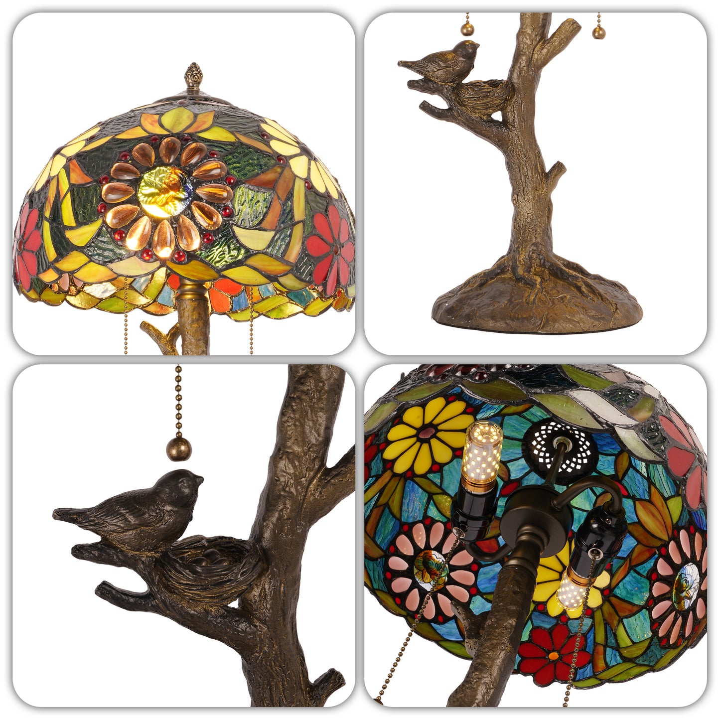 Vintage Tiffany Style Tree & Bird Floral Stained Glass Table Lamp - 11.8" Dome Shade Antique Bronze Tree Base 2-Light Desk Lamp