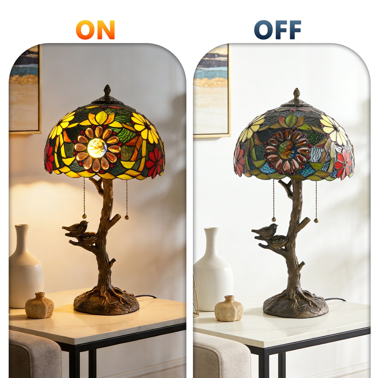 Vintage Tiffany Style Tree & Bird Floral Stained Glass Table Lamp - 11.8" Dome Shade Antique Bronze Tree Base 2-Light Desk Lamp