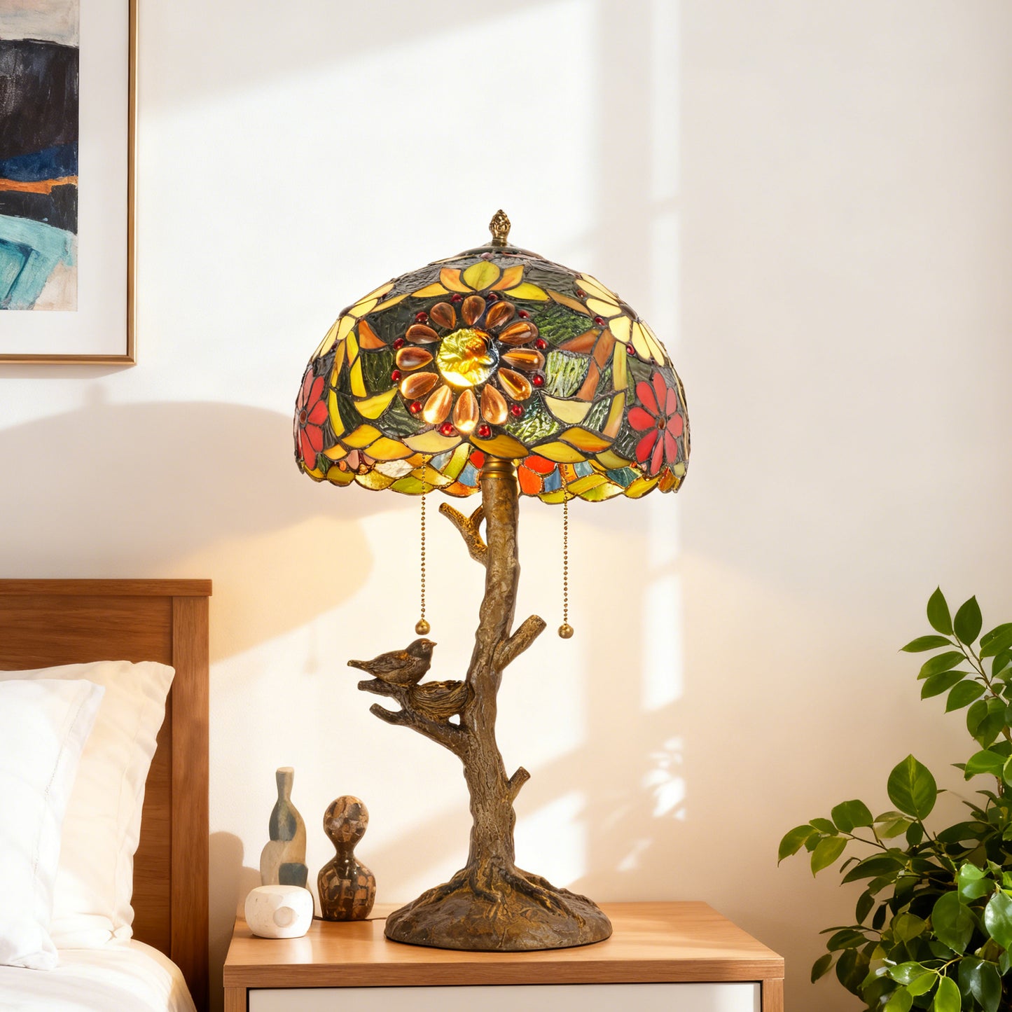 Vintage Tiffany Style Tree & Bird Floral Stained Glass Table Lamp - 11.8" Dome Shade Antique Bronze Tree Base 2-Light Desk Lamp